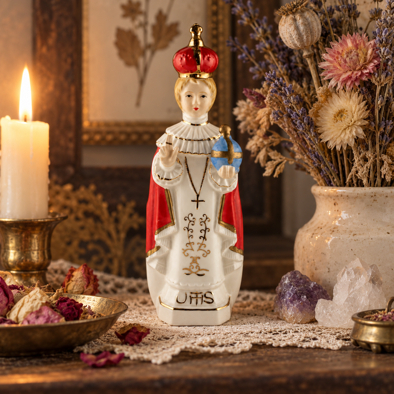 Vintage Infant of Prague porcelain figurine displayed on a devotional altar with dried flowers, candle and crystals