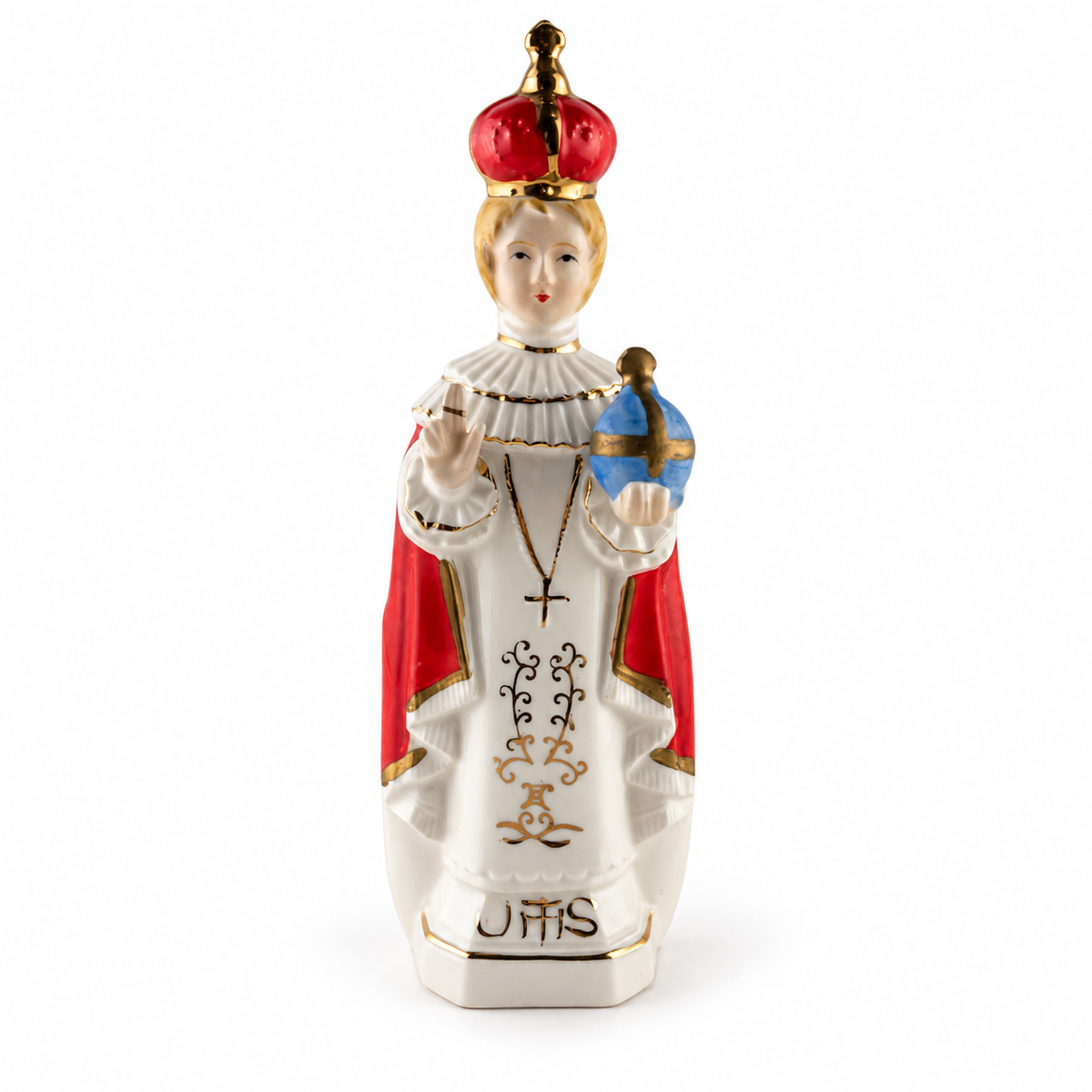 Vintage Lefton China Infant of Prague porcelain figurine with red crown, white robe, gold accents and blue orb