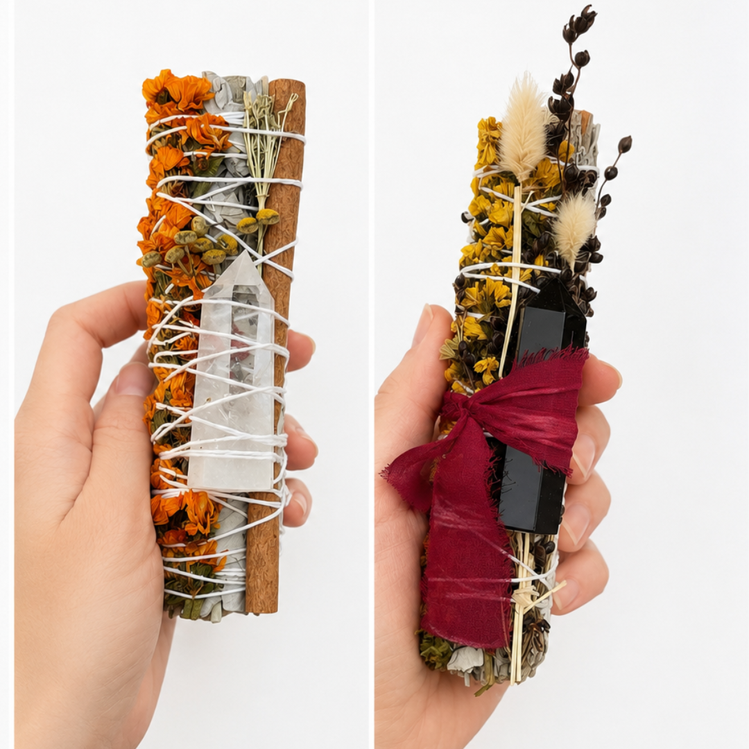 Handcrafted 6-inch White Sage ritual bundles featuring two botanical variations. One bundle includes orange sinuata flowers, a cinnamon stick and a Clear Quartz crystal point. The second includes yellow sinuata flowers, bunny tails, broom corn, a Black Obsidian crystal point and a burgundy ribbon. Handmade by Sow the Magic®.