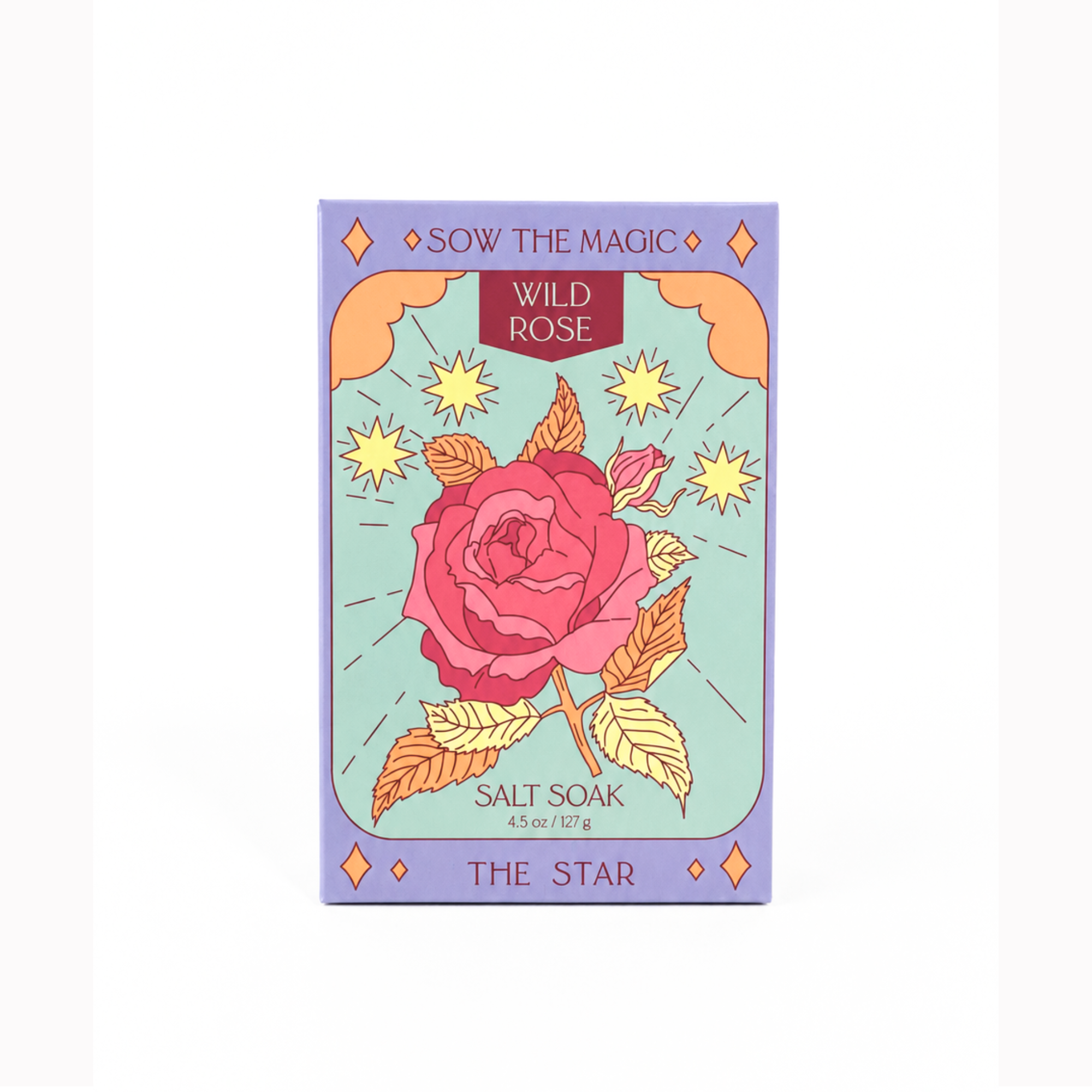 Wild Rose botanical salt soak by Sow the Magic displayed on a bright white background. This tarot-inspired bath soak features Himalayan pink salt and Epsom salt infused with wild rose, packaged in illustrated eco-friendly gift-ready packaging inspired by The Star tarot card.
