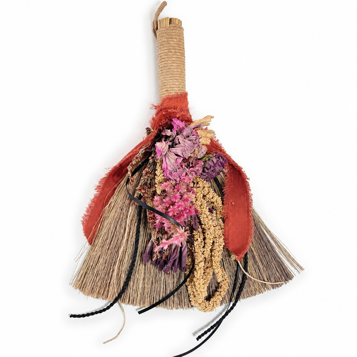Wildheart Botanical Broom handcrafted with dried flowers and farm-grown botanicals, rust fabric ribbon and natural broomcorn