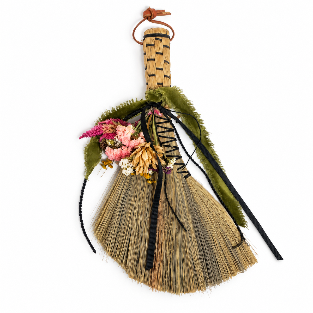 Wildheart Botanical Broom with dried pink flowers, green fabric and black ribbon details
