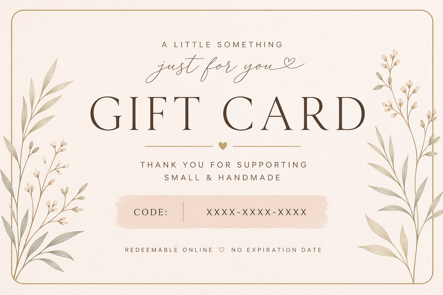 botanical gift card with soft cream background, delicate florals and elegant typography for handmade shop