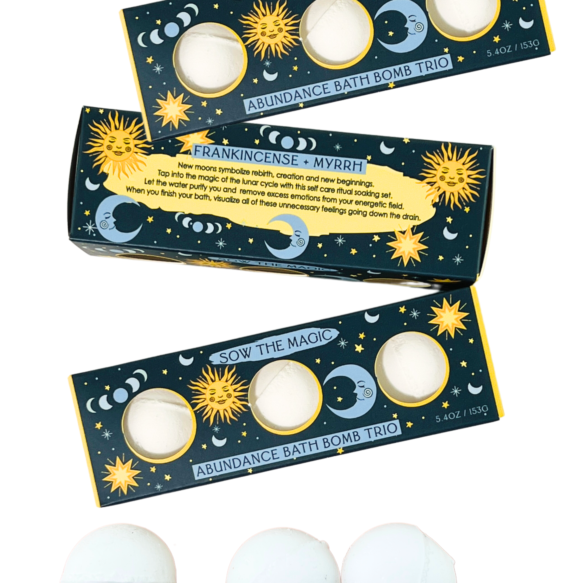 Three Abundance Bath Bomb Trio boxes displayed showing moon phase art and relaxing bath bombs
