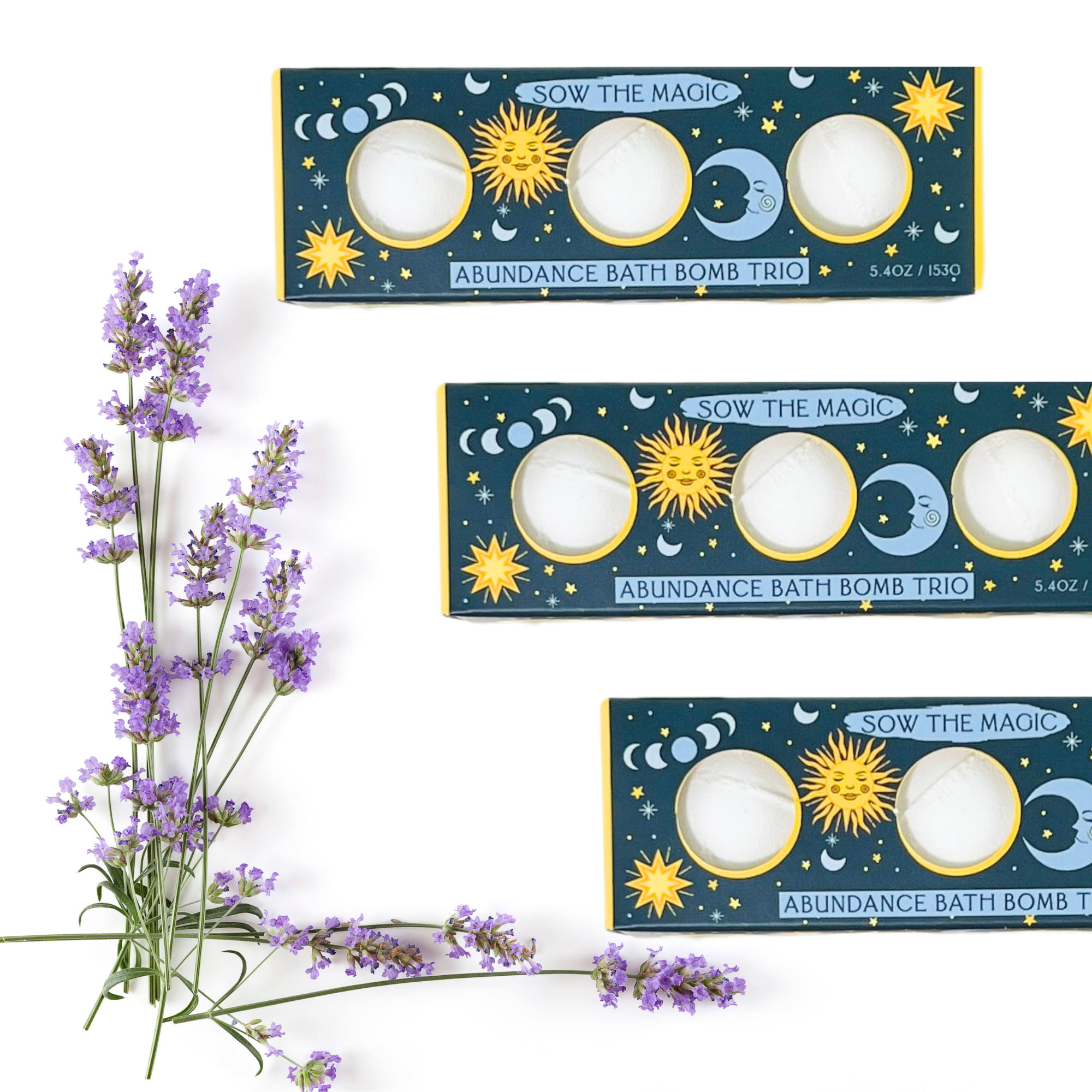 Sow the Magic Abundance Bath Bomb Trio with lavender sprigs and gold sun and moon artwork