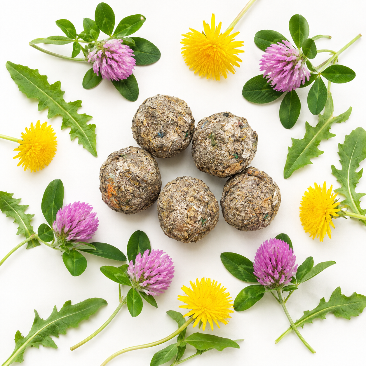 Five handmade abundance seed balls surrounded by red clover and dandelion flowers on a white background.