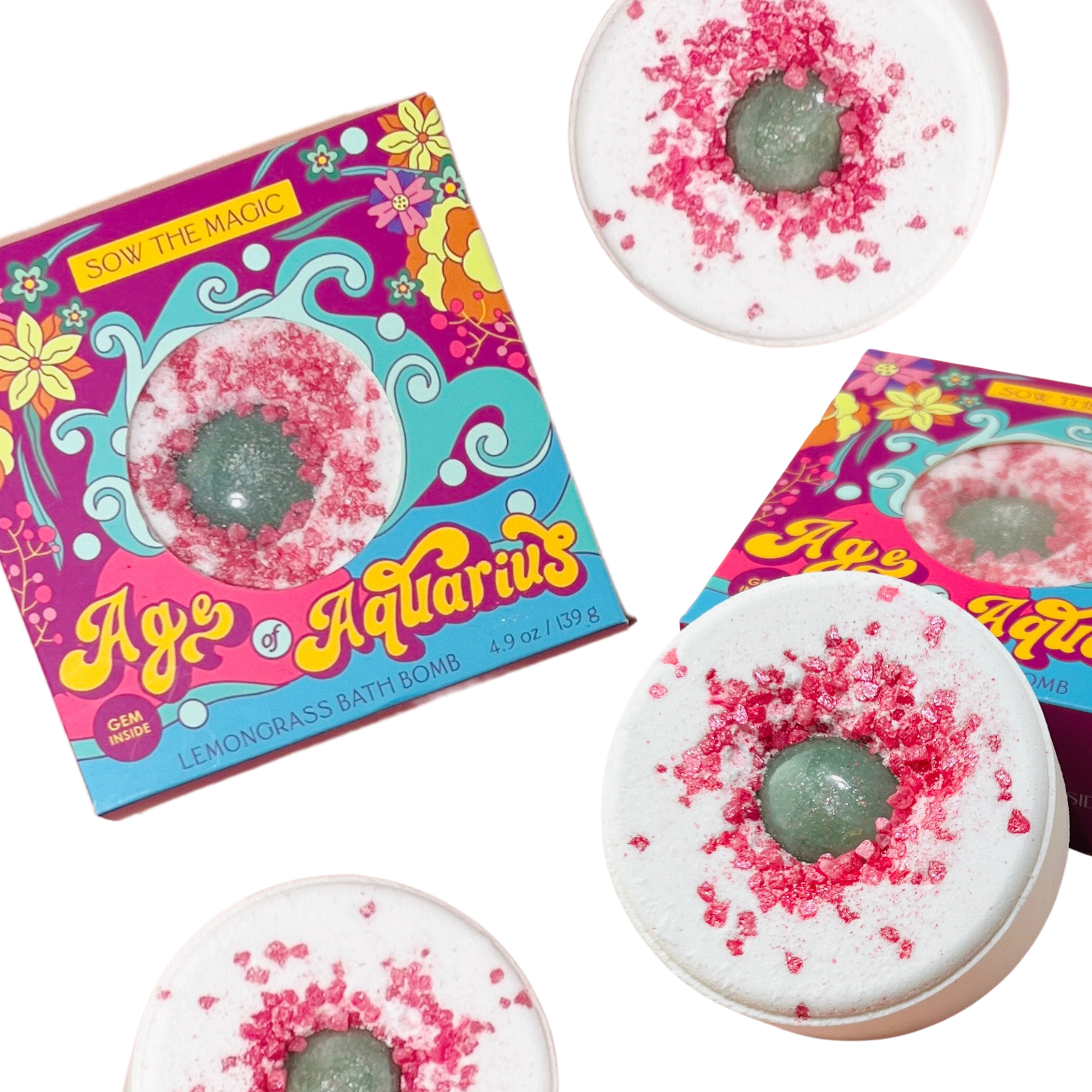 Age of Aquarius Lemongrass Bath Bomb box and unboxed bomb displayed together in bright flatlay design
