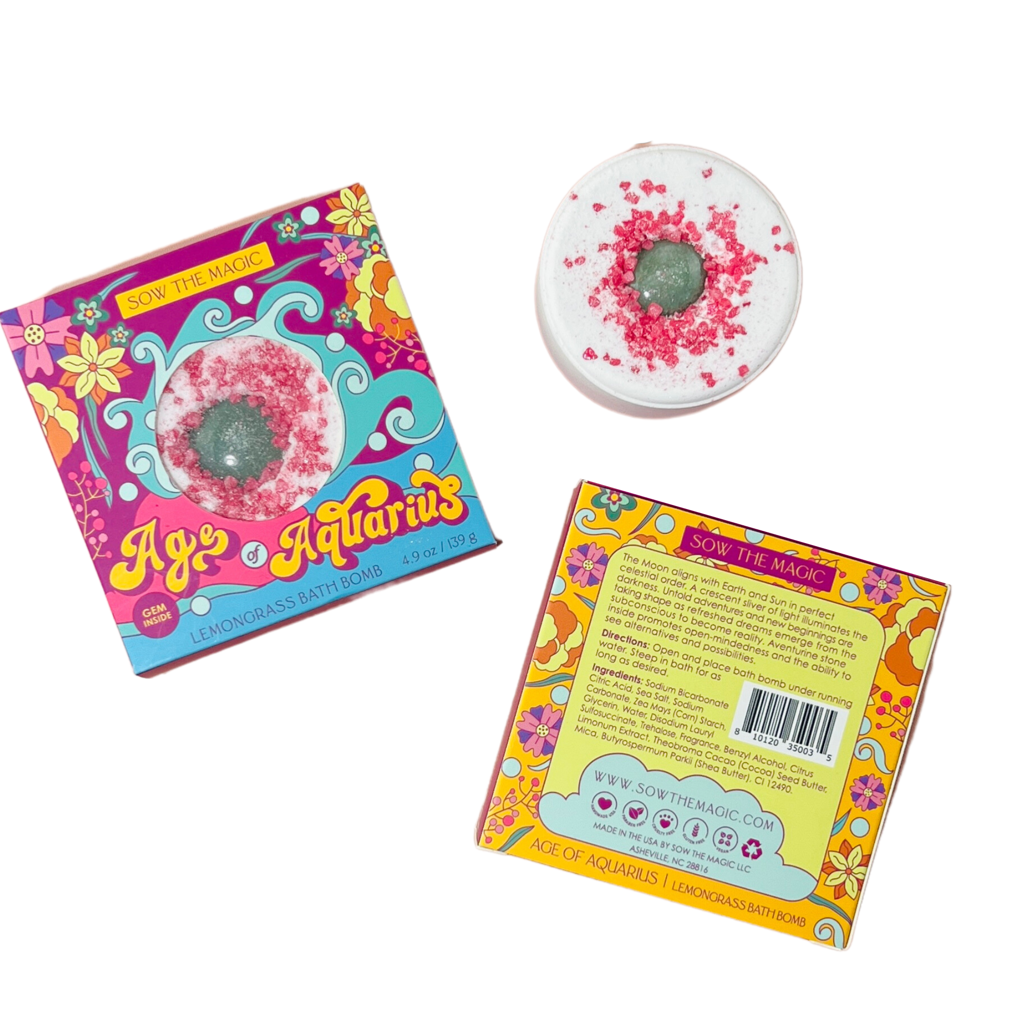 Front and back of Age of Aquarius Lemongrass Bath Bomb packaging shown beside open bomb