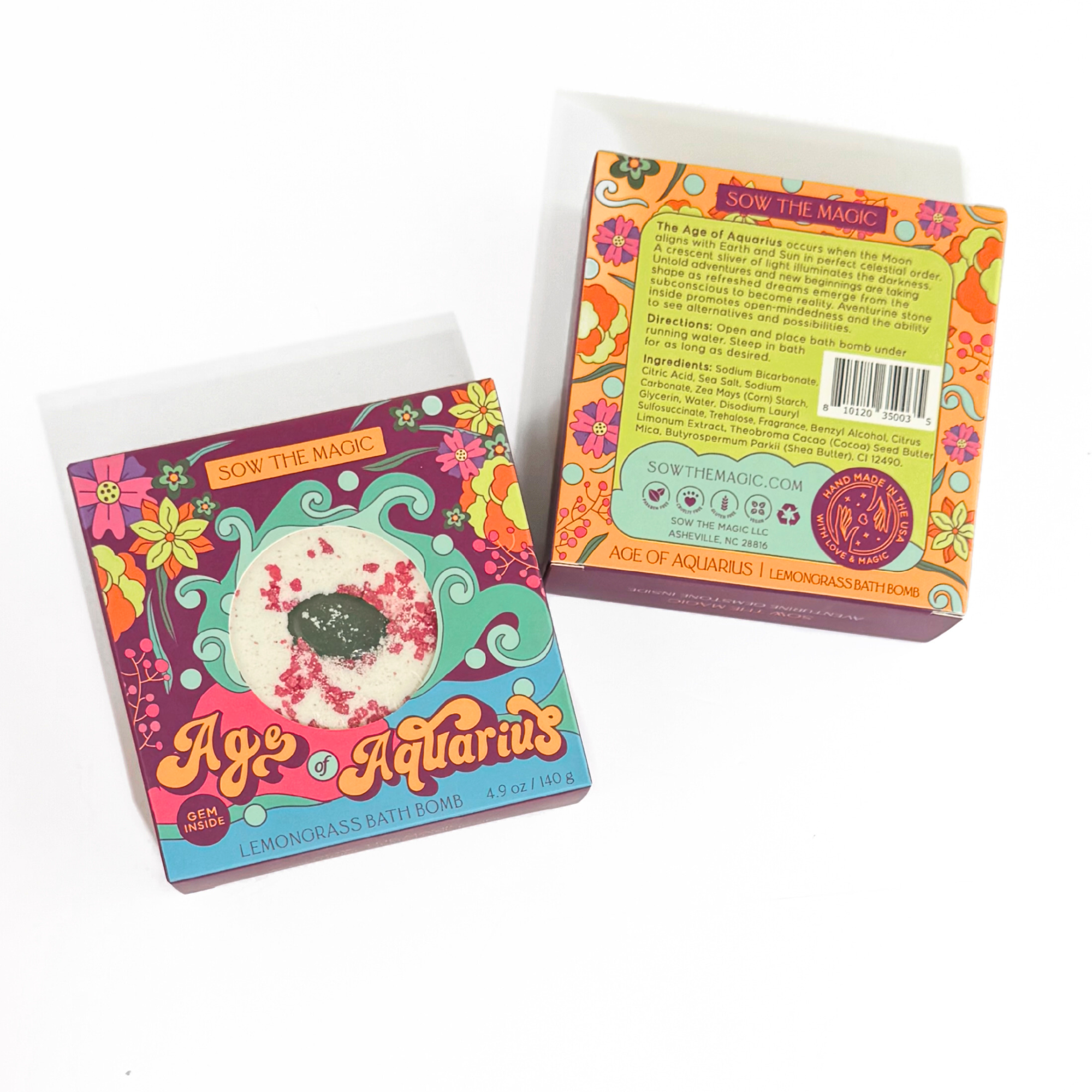 Front and back of Age of Aquarius Lemongrass Bath Bomb packaging showing product details