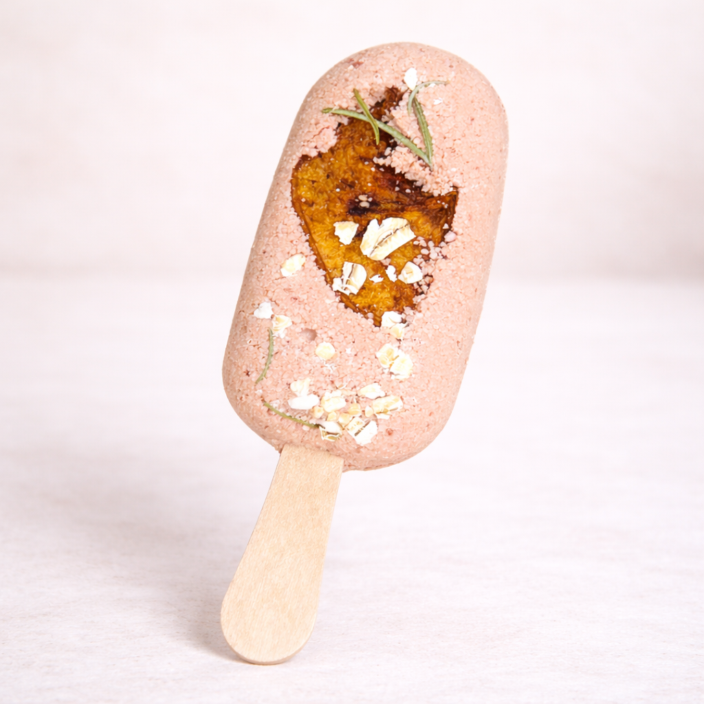 Peach colored clay bath pop topped with dried apple and oat flakes