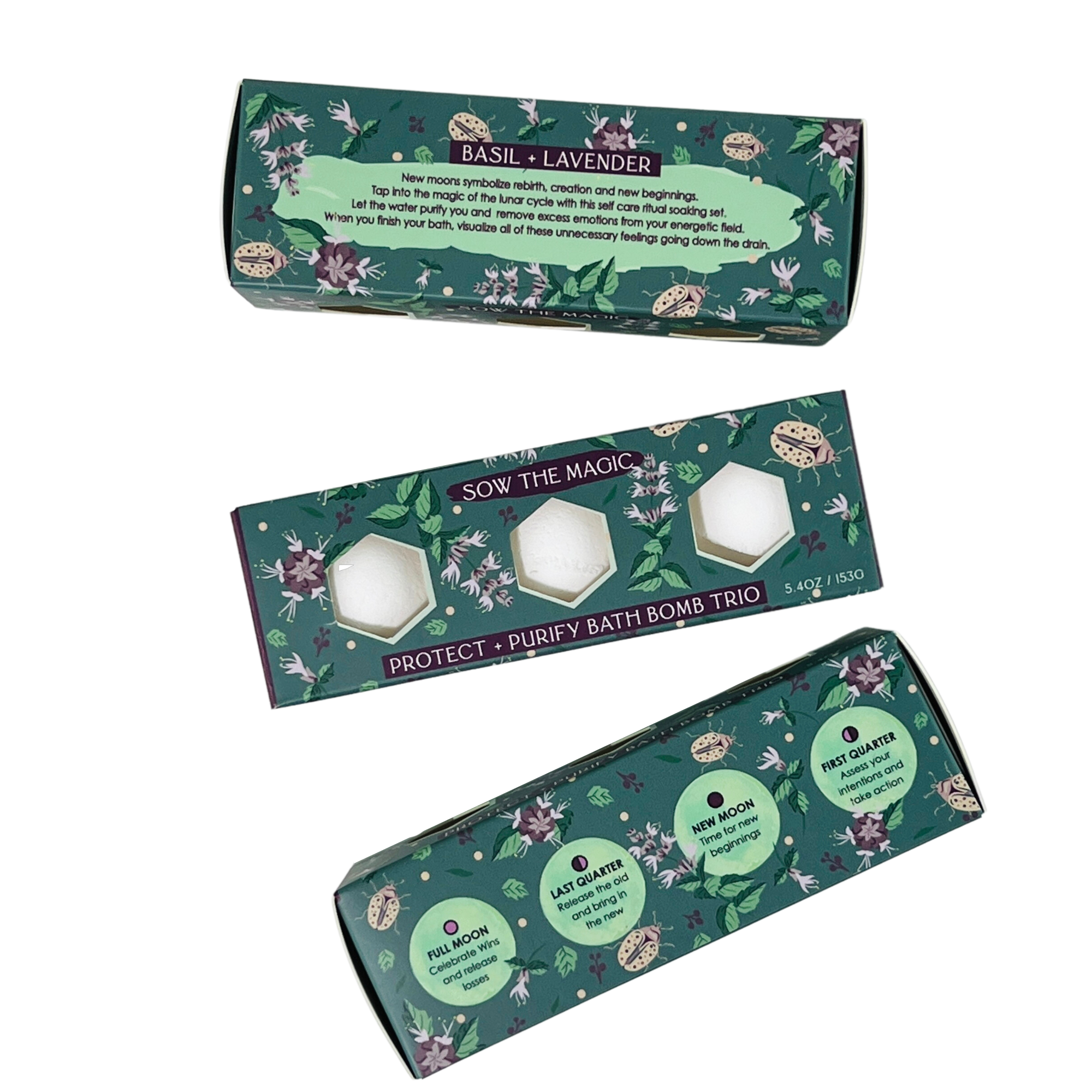 Protect + Purify Bath Bomb Trio with basil and lavender packaging featuring moon phase meanings