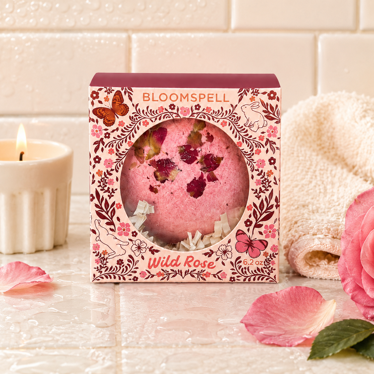 Bloomspell Wild Rose bath bomb gift box displayed on cream bathroom tile with a lit candle, soft towel and scattered rose petals, creating a relaxing spa-inspired setting.
