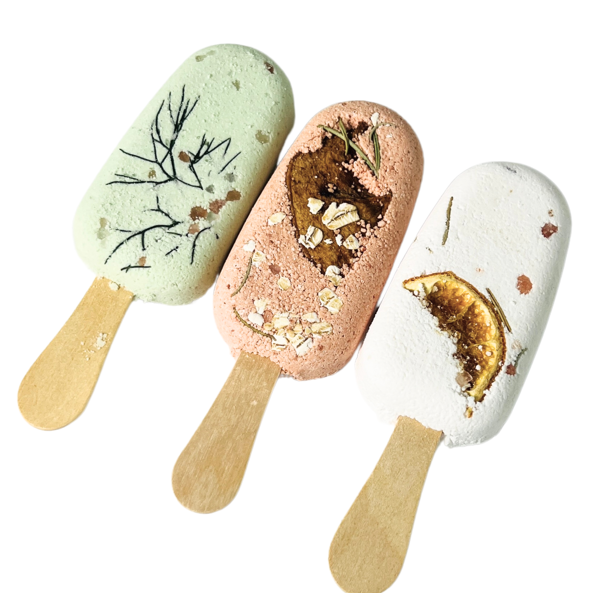 Set of three botanical bath clay pops tied with twine, handmade natural bath treats by Sow the Magic