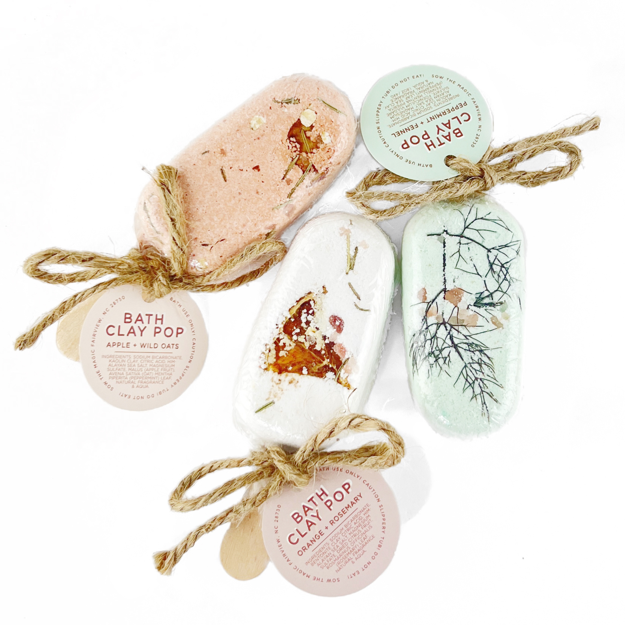 Botanical bath clay pops gift set with twine and round labels, handmade natural bath soak by Sow the Magic