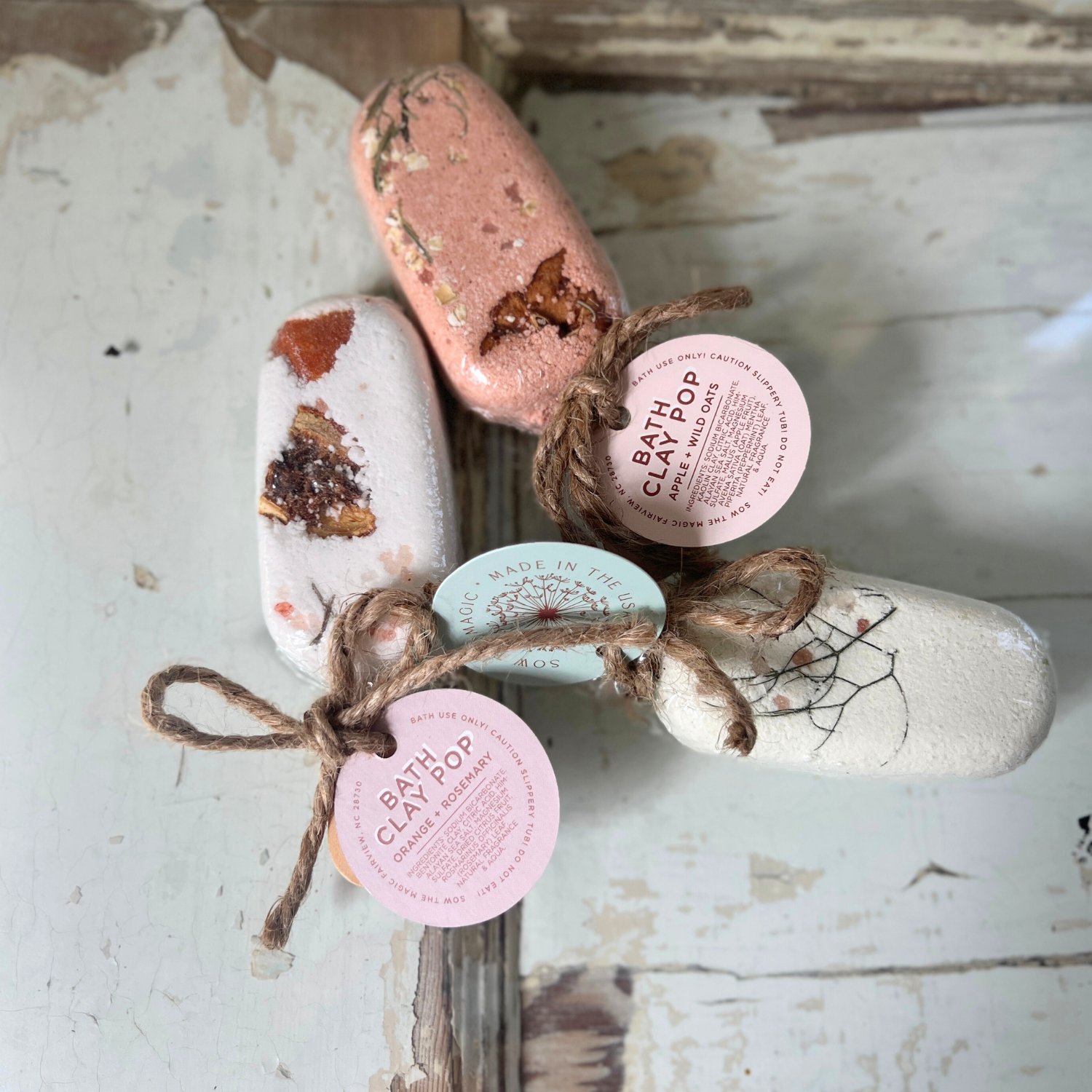 Botanical bath clay pop trio with dried botanicals and wooden sticks, handmade bath soak by Sow the Magic