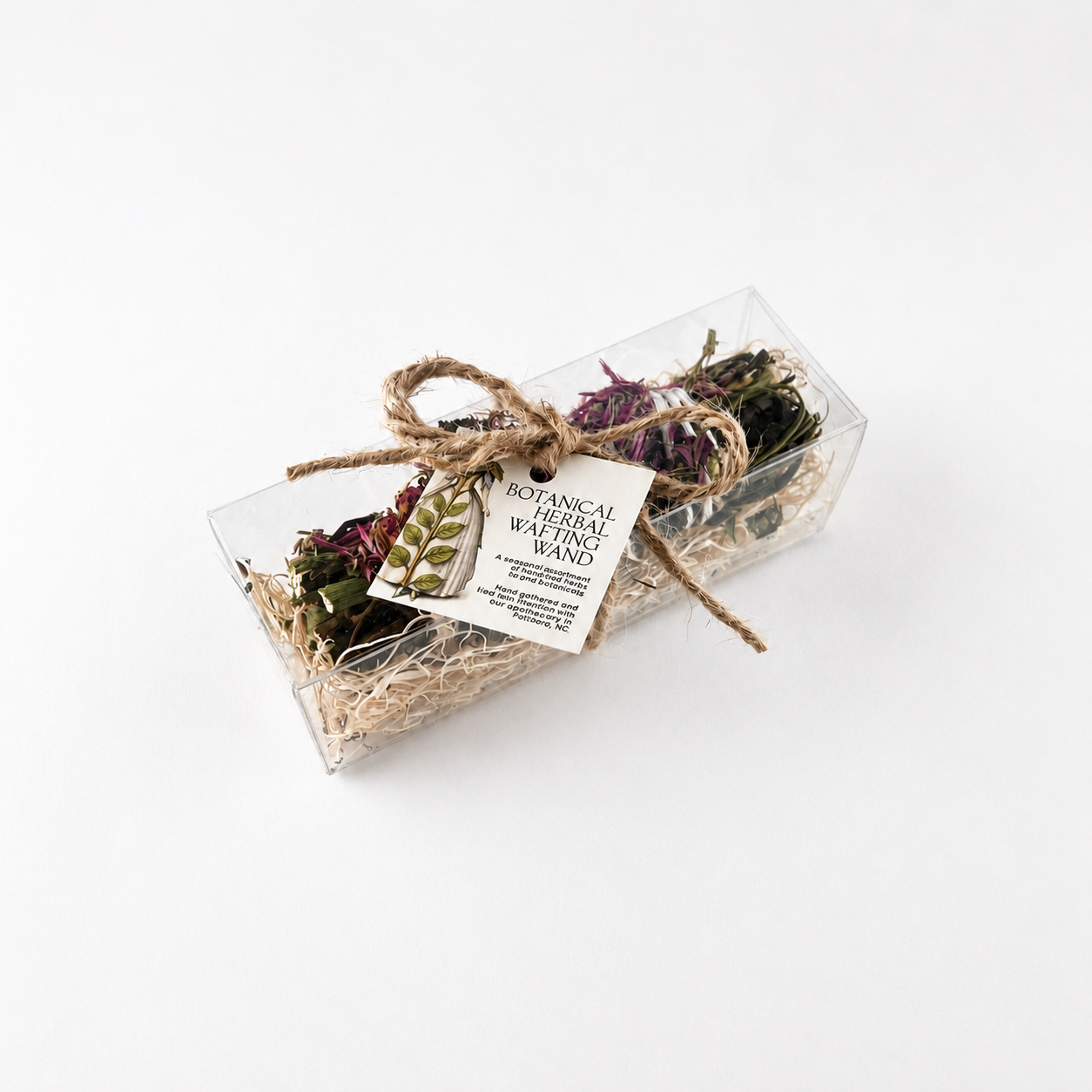 Boxed botanical herbal wafting wand with dried herbs, flowers, natural filler and twine bow