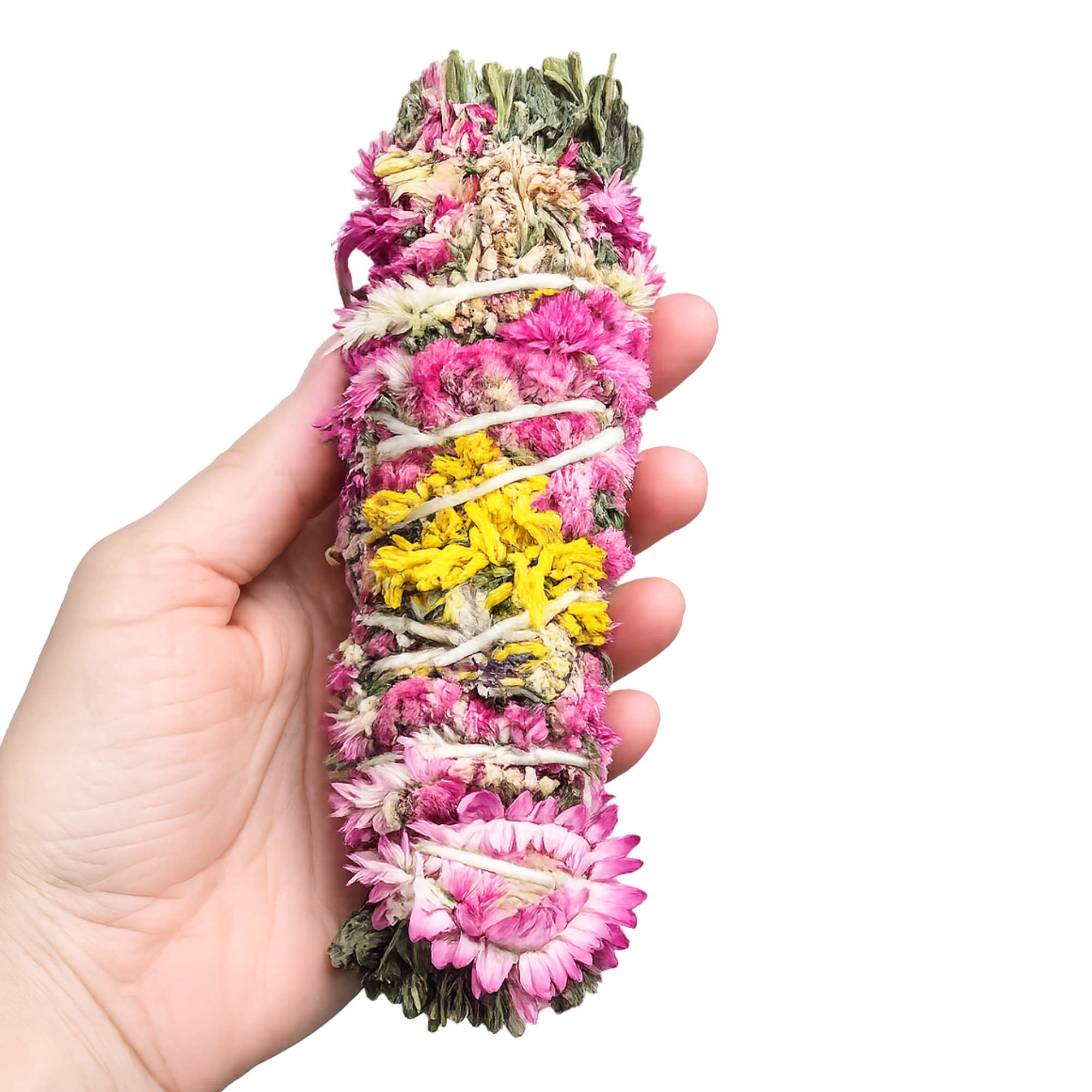 Hand holding a botanical herbal wafting wand wrapped with vibrant pink and yellow dried flowers