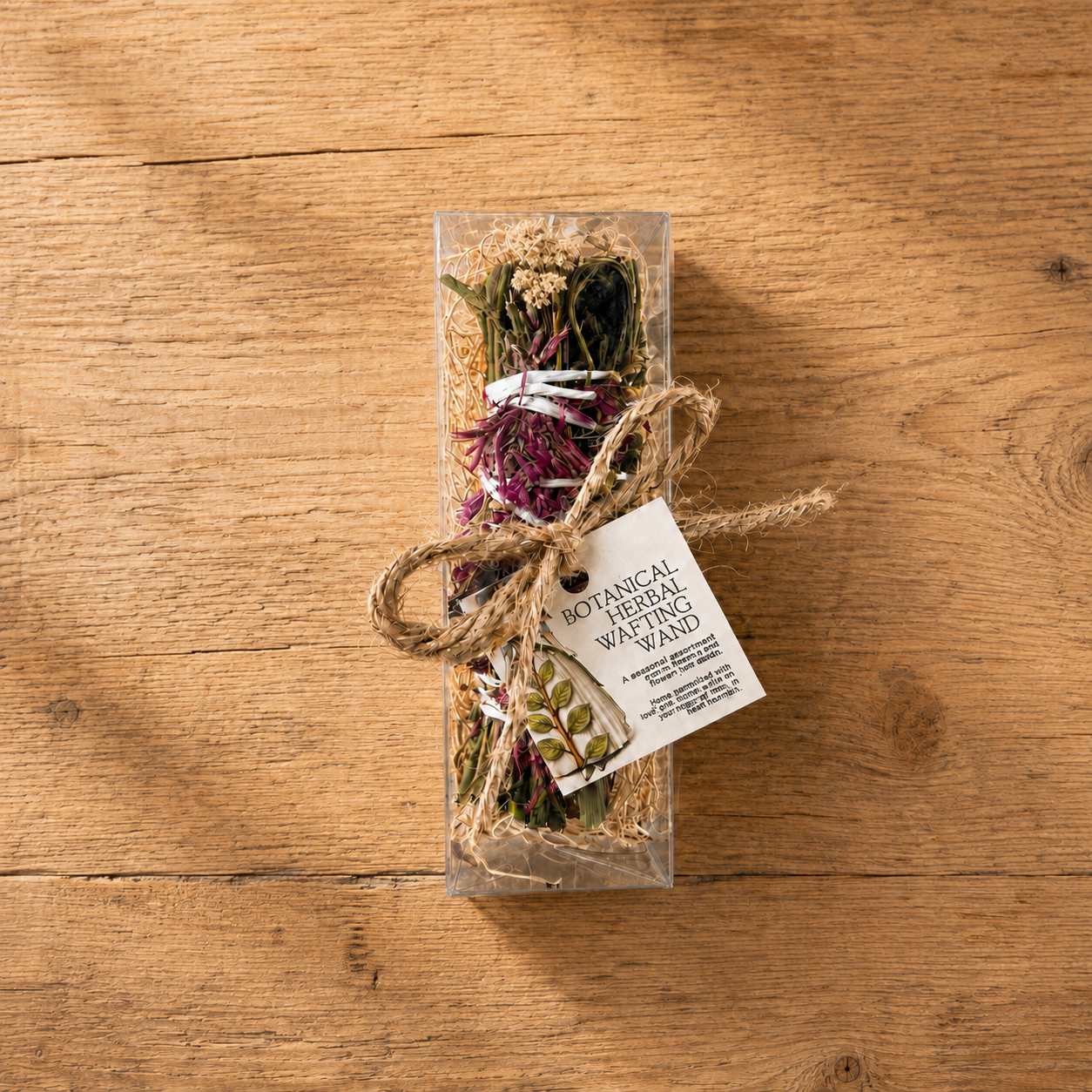 Boxed botanical herbal wafting wand with dried flowers and twine displayed on a rustic wood table