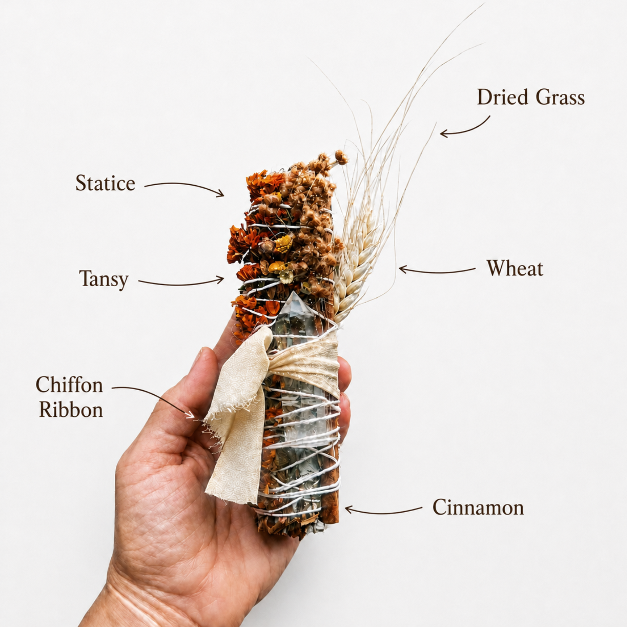 lose-up of a botanical smoke cleansing wand handcrafted with dried flowers, herbs, grasses and natural twine
