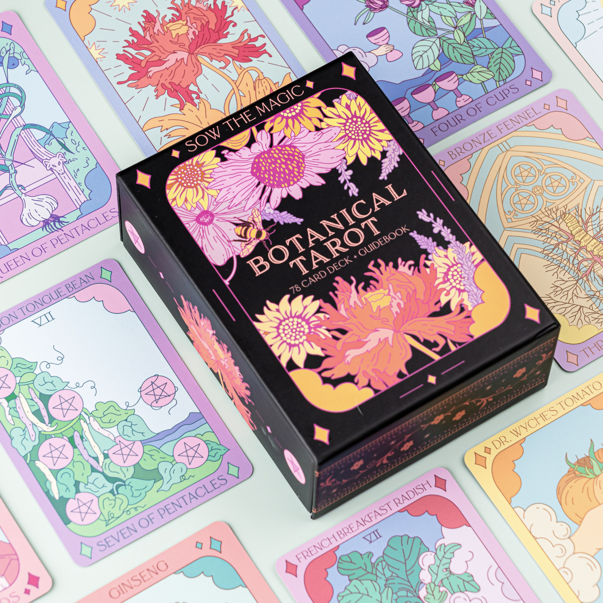 Botanical Tarot Deck box surrounded by colorful plant-inspired tarot cards featuring floral designs.