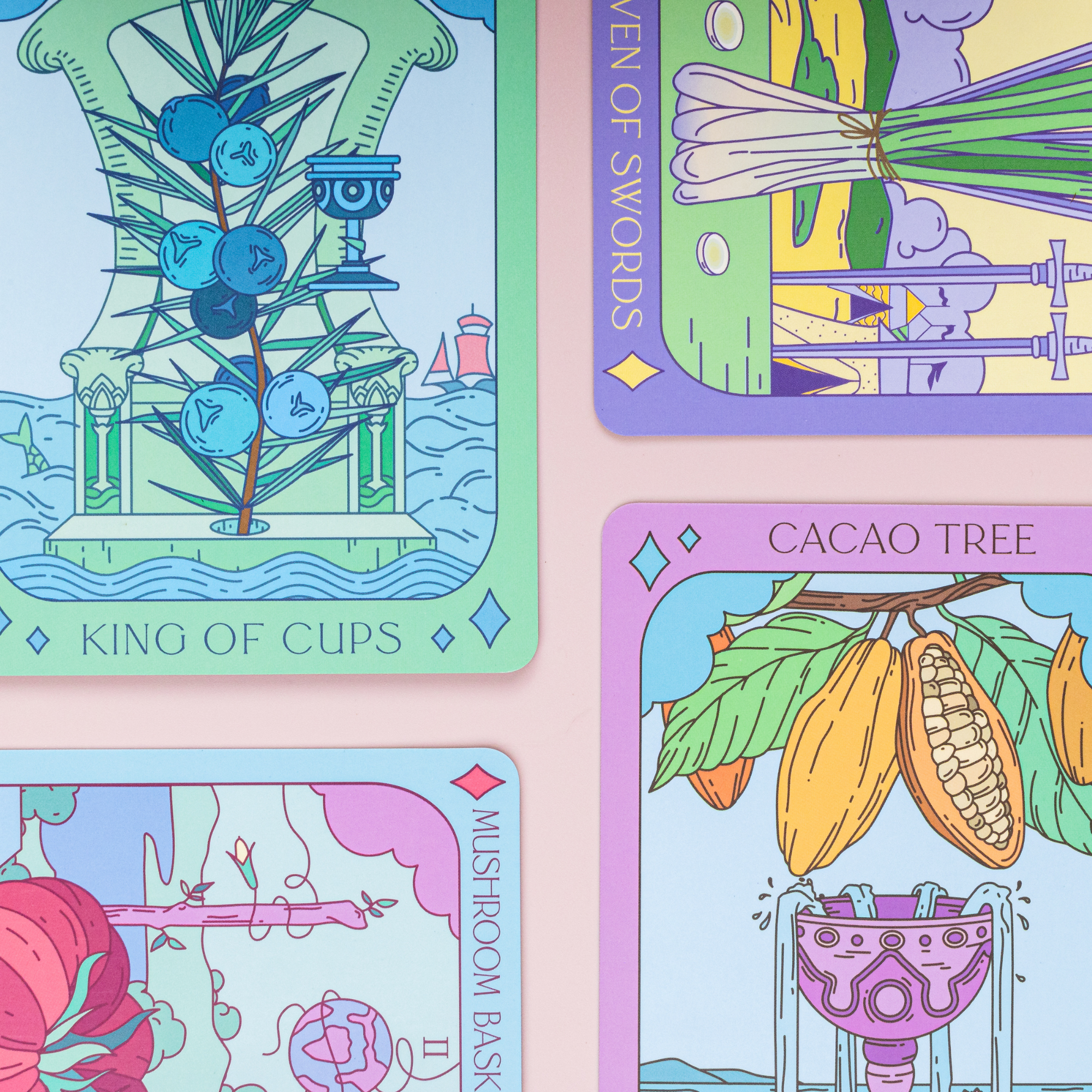 Botanical Tarot cards featuring King of Cups, Cacao Tree, and Mushroom Basket Tomato with colorful plant art.