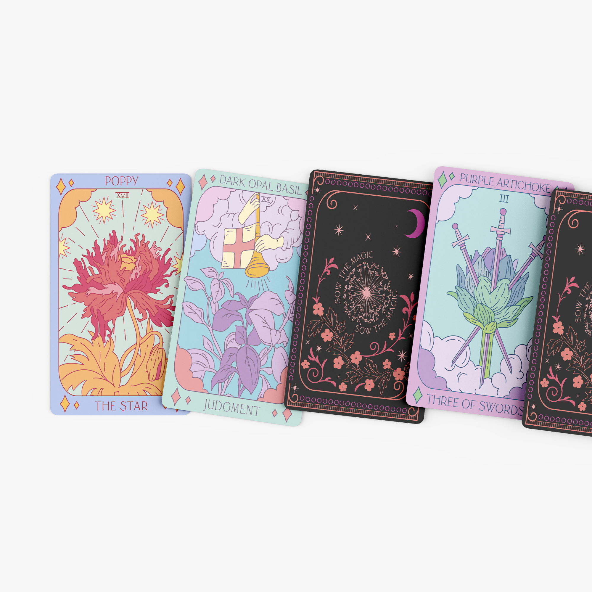 Spread of Botanical Tarot cards including The Star, Judgment, and Three of Swords with floral illustrations.