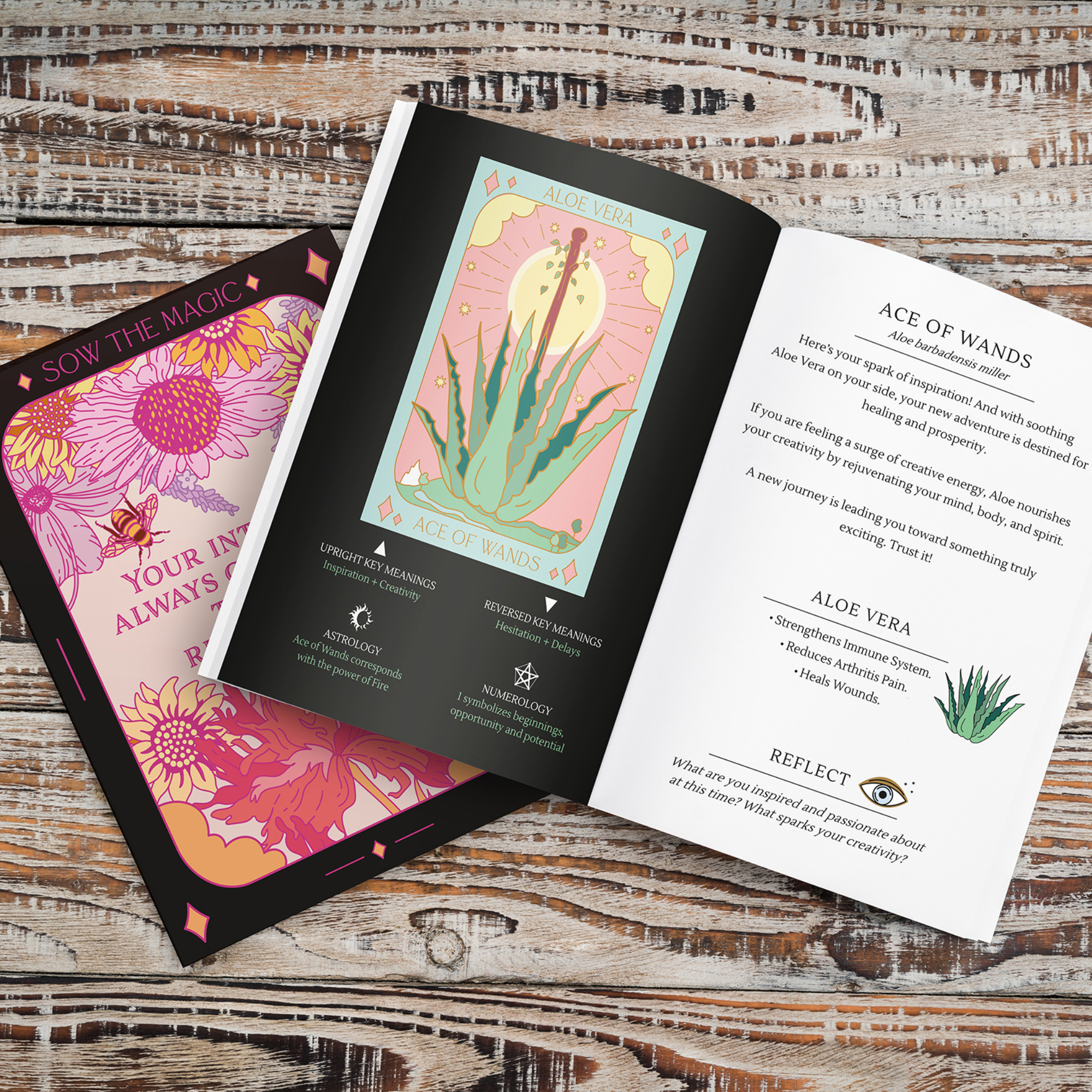 Open Botanical Tarot guidebook displaying Aloe Vera Ace of Wands card with meanings and plant wisdom.