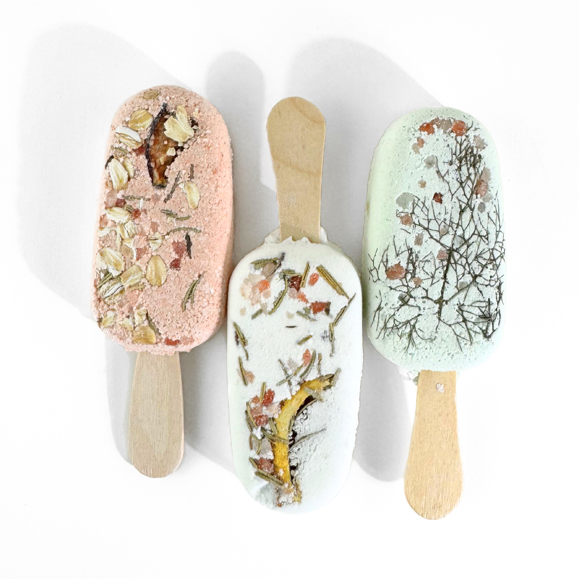 popsicle shape, dried flowers, herbs, citrus peel, wooden sticks