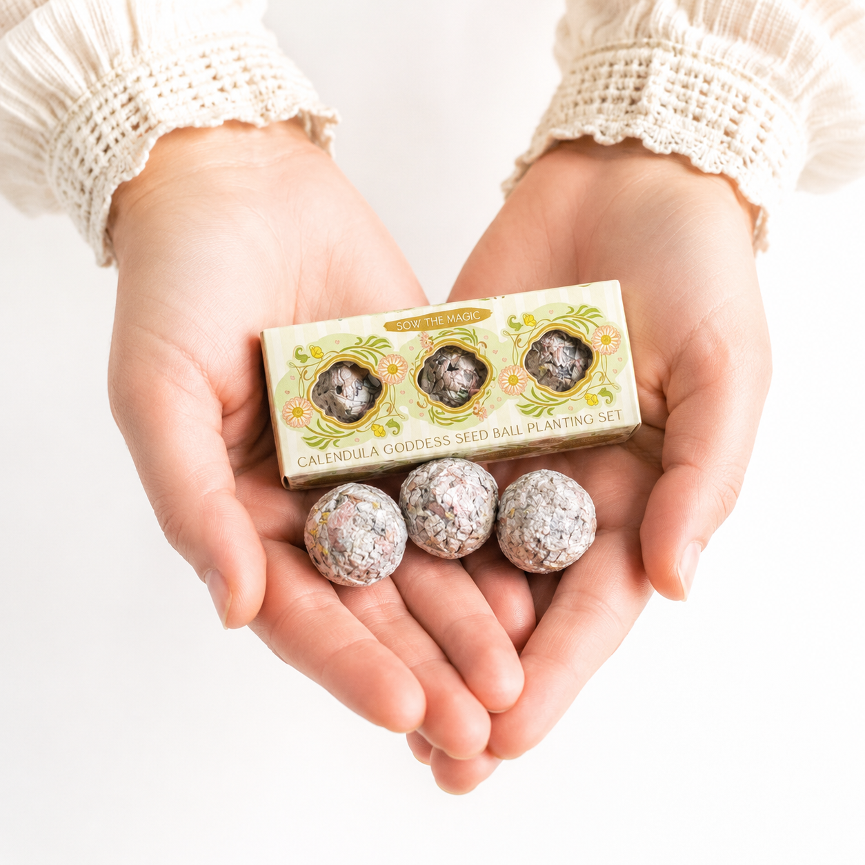Hands holding Calendula Goddess Mini Seed Ball Gift Box Set with three handmade calendula seed balls on a white background