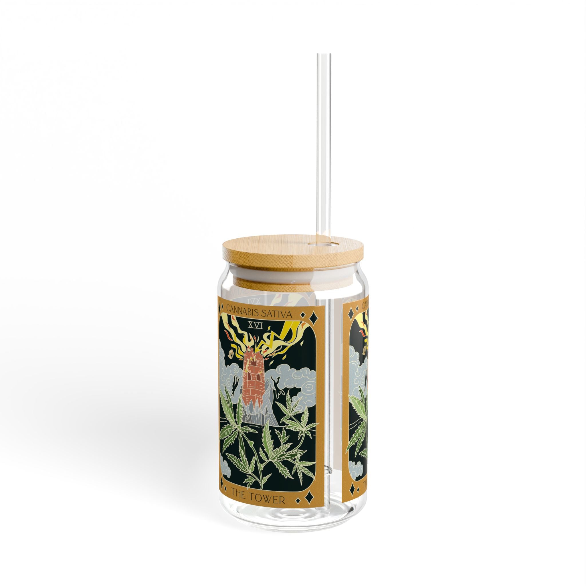 Side view of Cannabis Sativa The Tower tarot glass tumbler featuring botanical tarot artwork