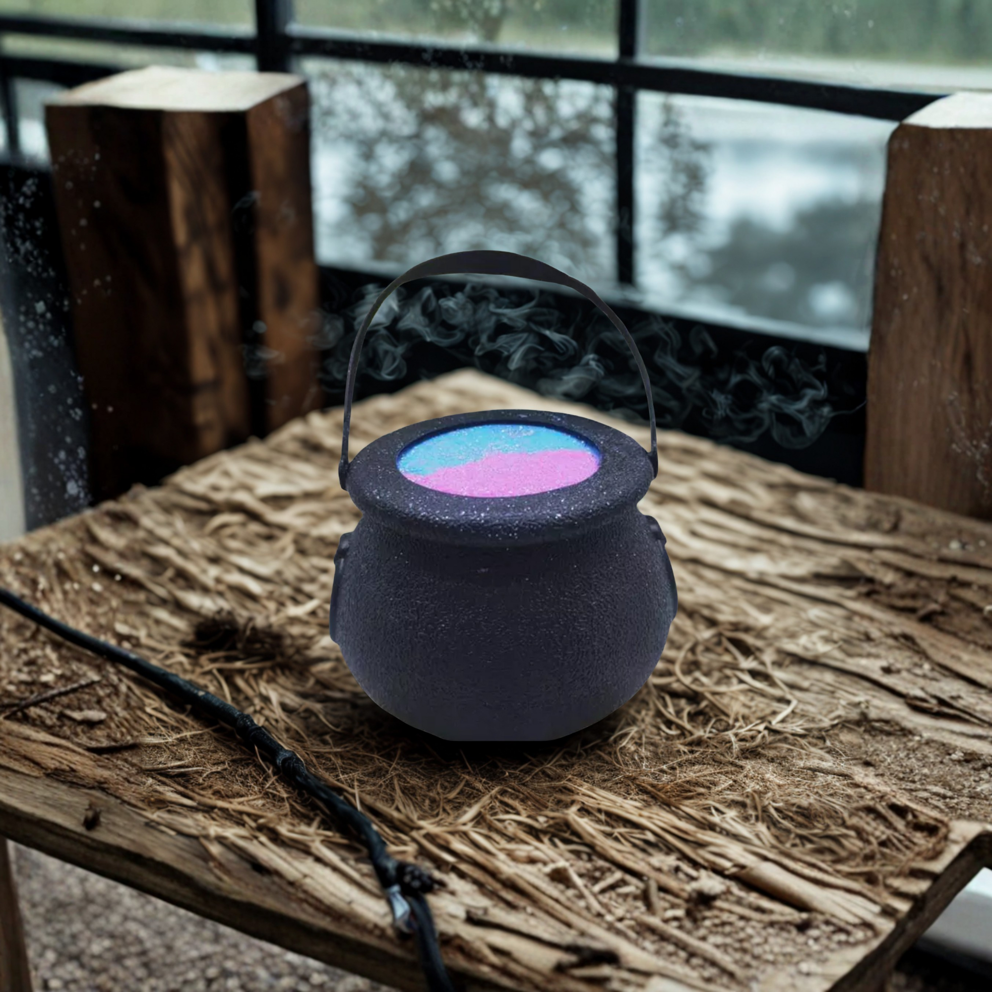 Black cauldron rainbow bath bomb with pink and blue top resting on rustic table, releasing magical steam