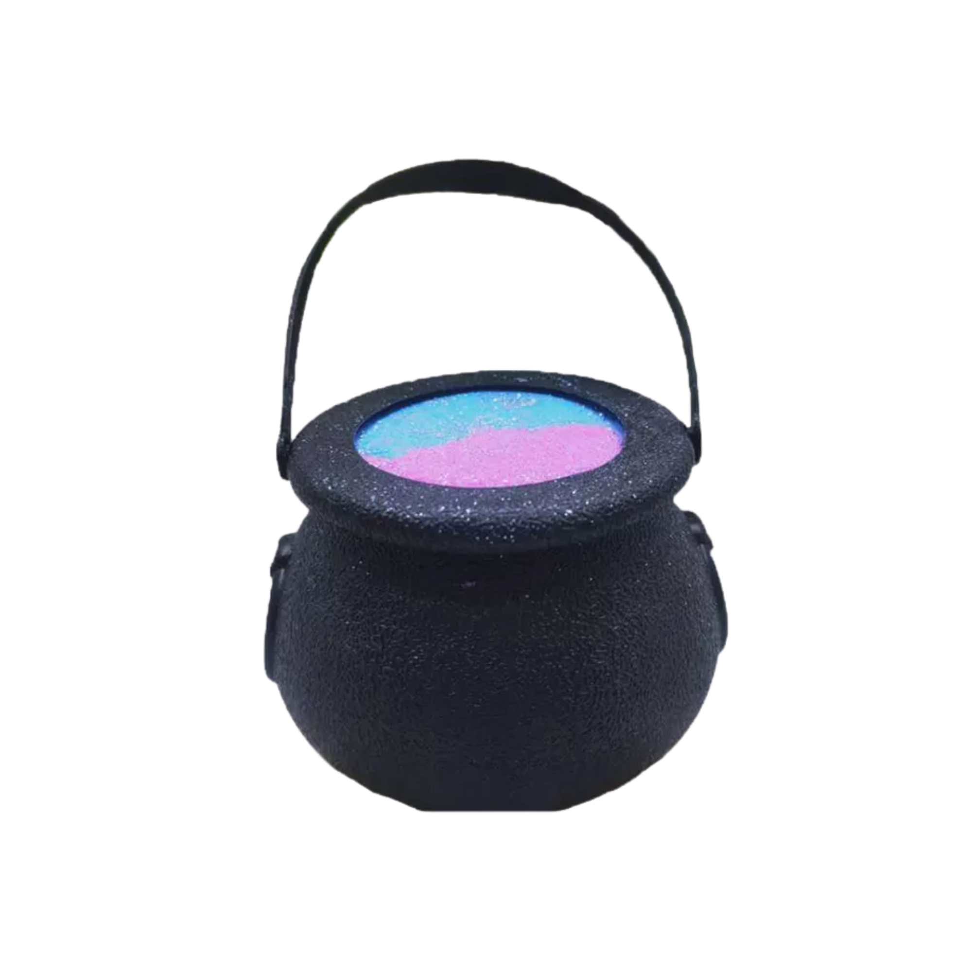 Black cauldron-shaped bath bomb filled with blue and pink bubbling powder for magical bath rituals