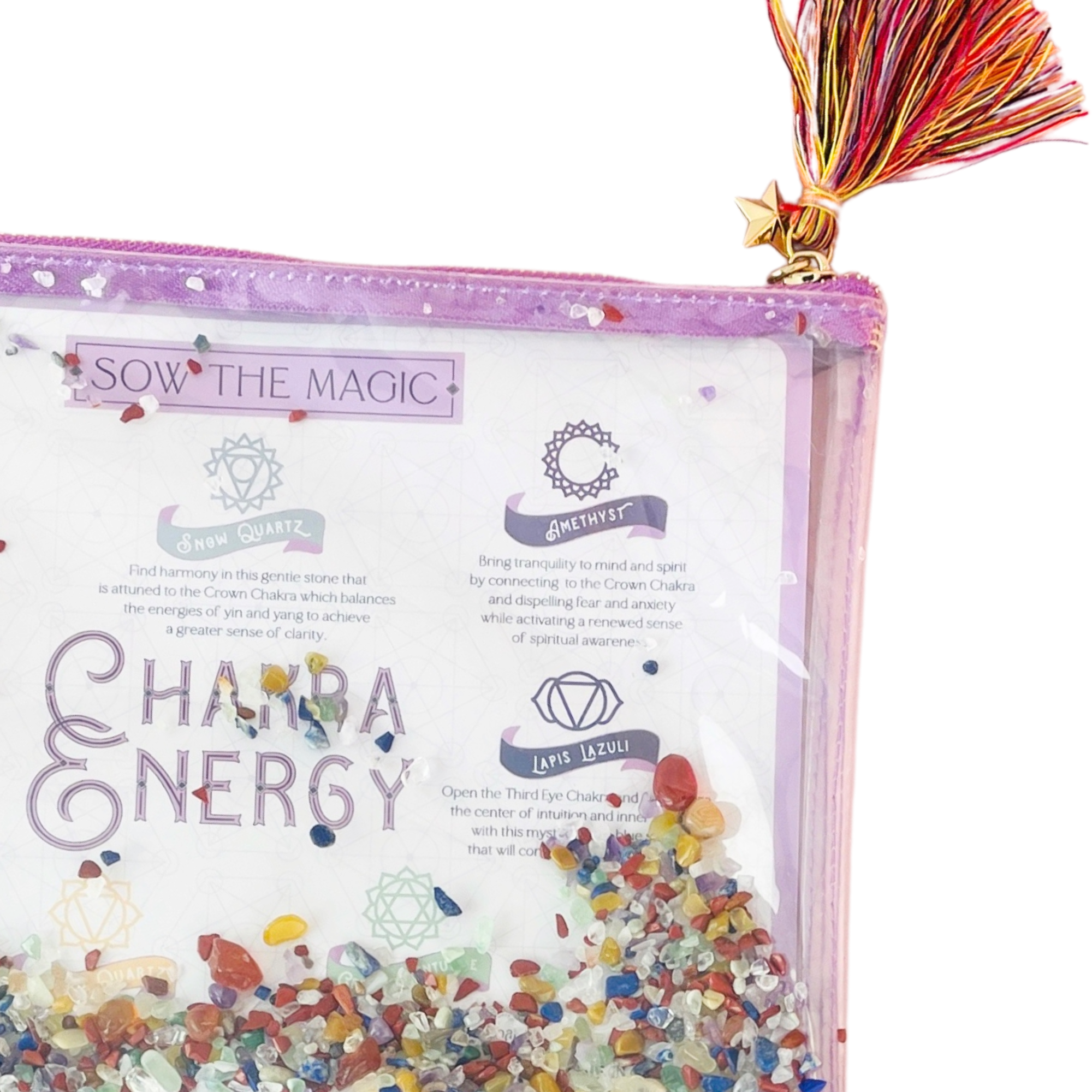 Close-up of Chakra Energy Gemstone Cosmetic Bag highlighting colorful stones for each chakra point
