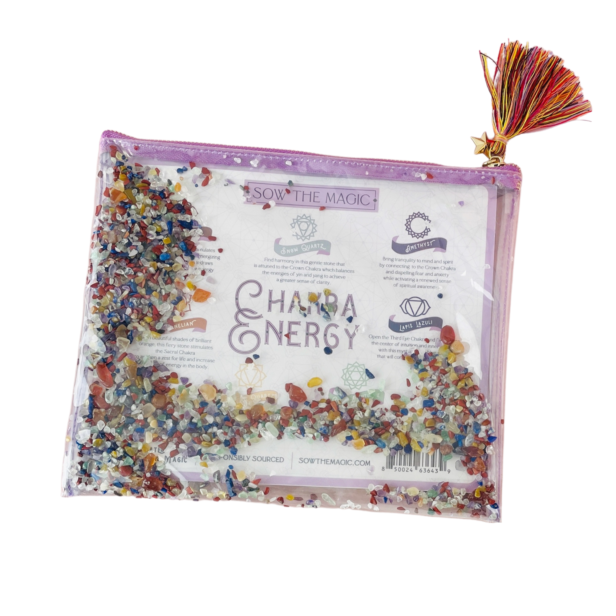 Studio shot of Chakra Energy Gemstone Cosmetic Bag with vibrant chakra crystals and rainbow tassel