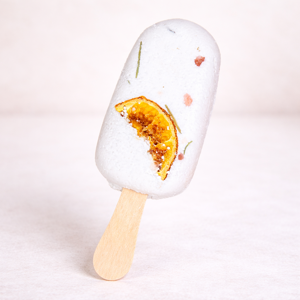 Handmade white Bath Clay Pop styled in minimal spa setting