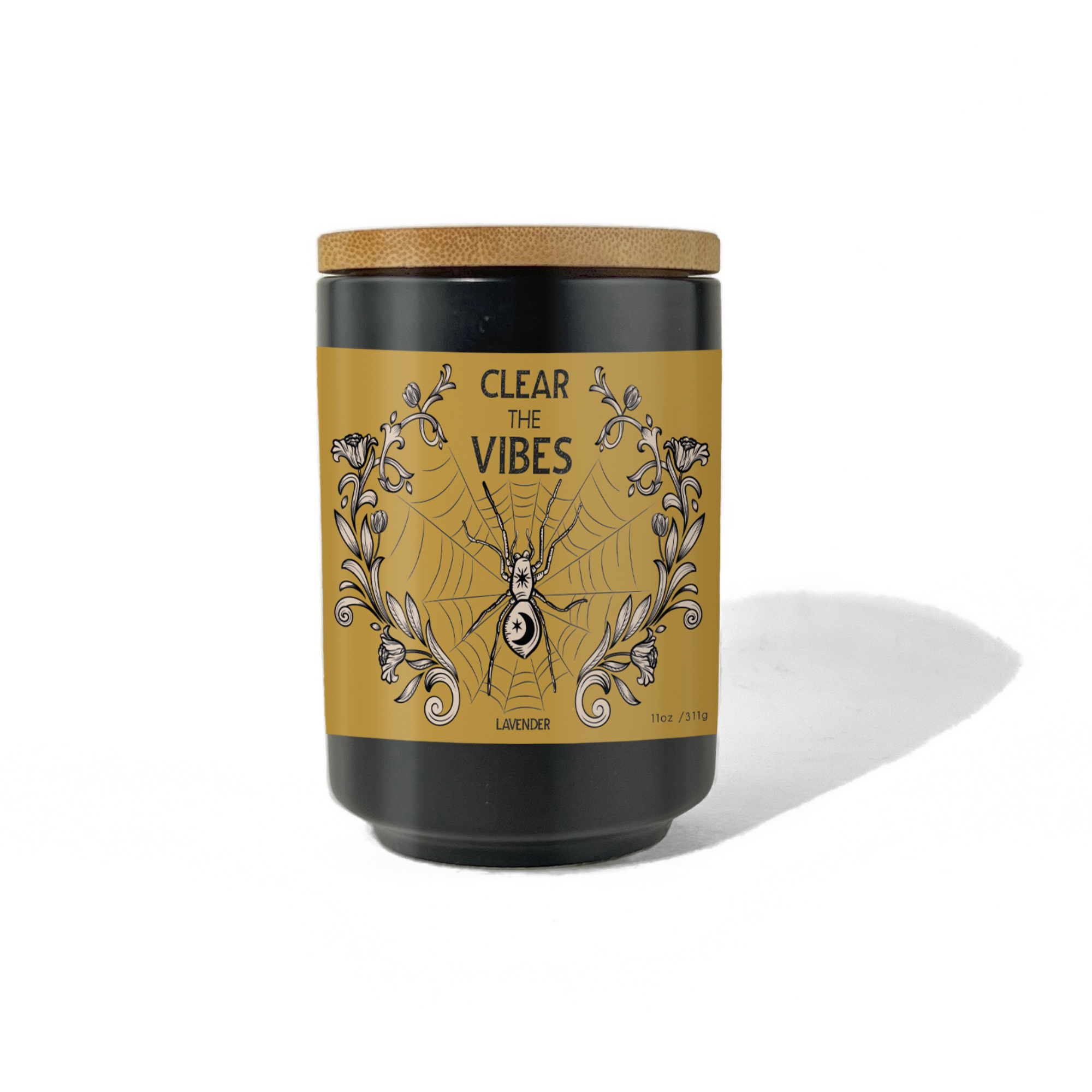 Clear the Vibes lavender candle with floral label and wooden lid