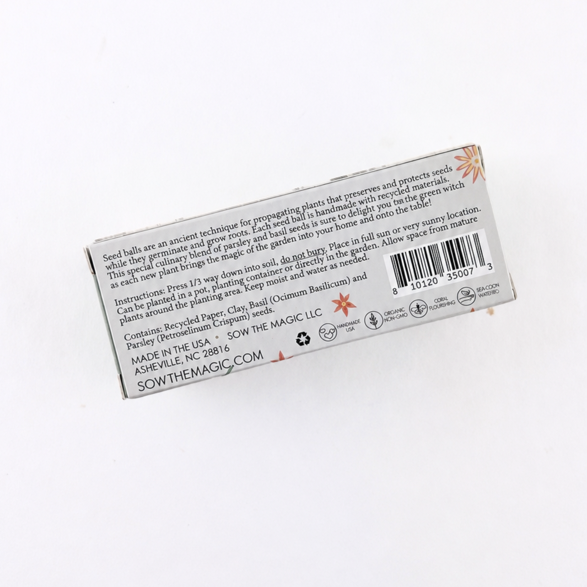 Back of culinary seed ball planting set showing planting instructions, ingredients and barcode
