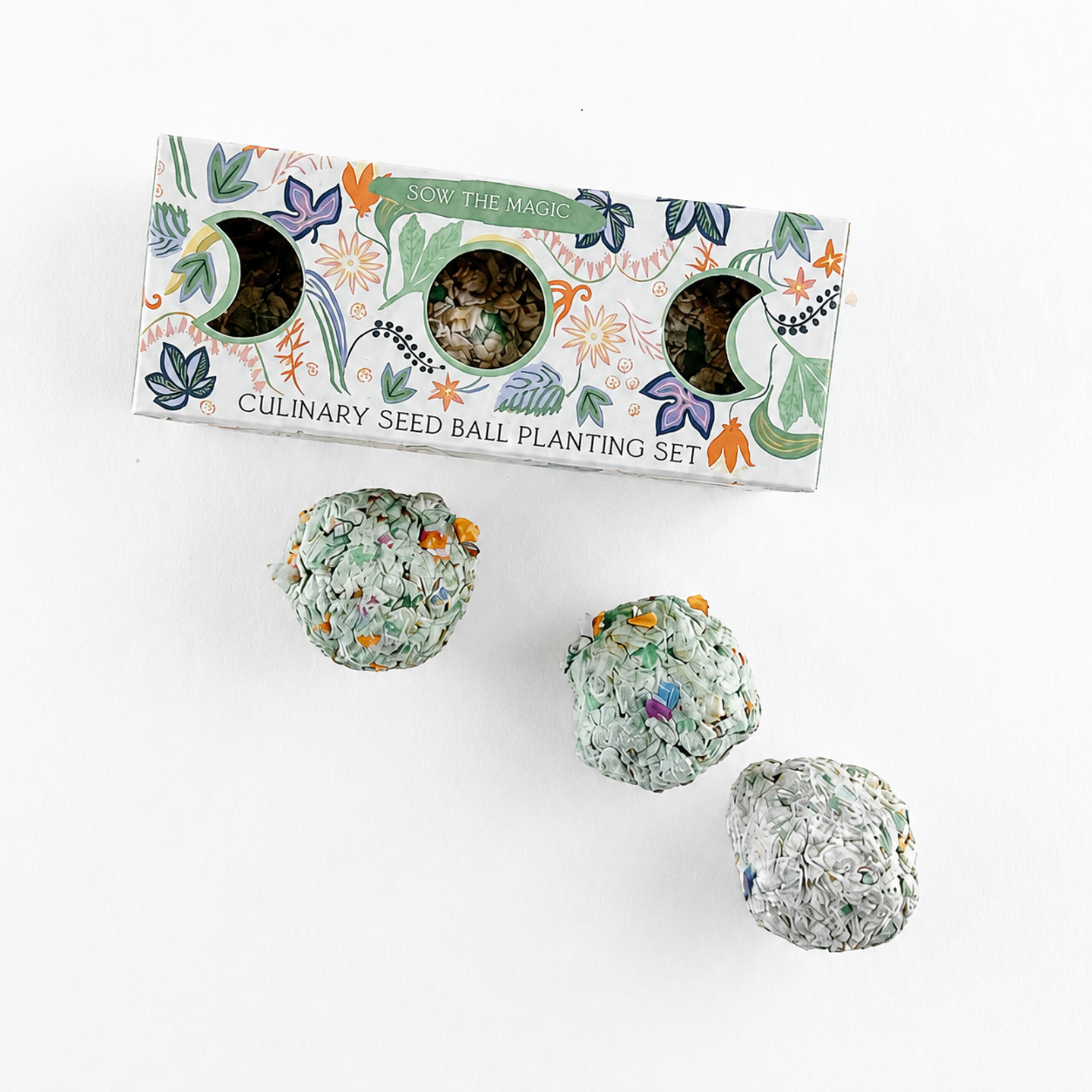 Culinary seed ball planting set box displayed with three recycled paper seed balls