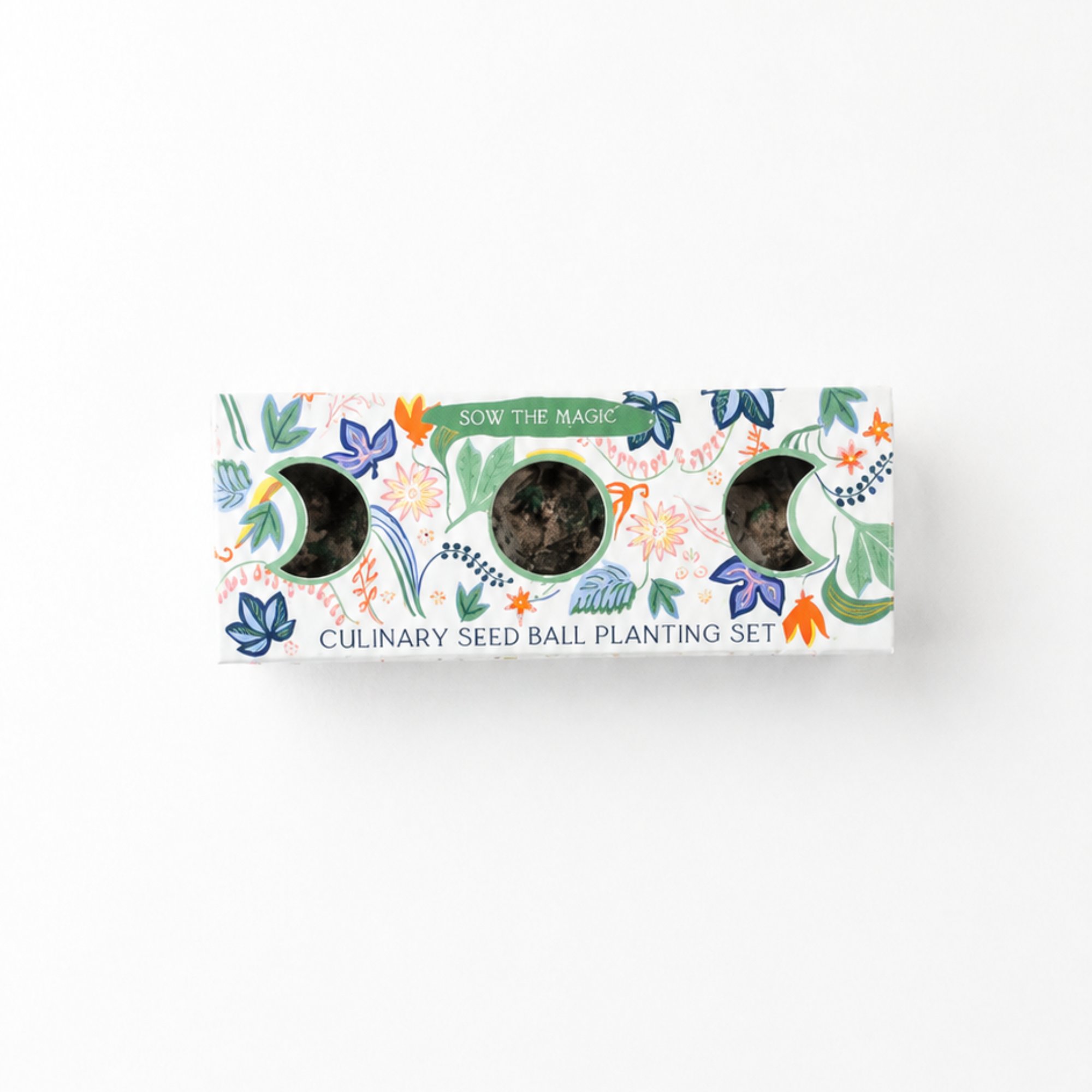 Culinary seed ball planting set in colorful botanical packaging with three moon-shaped windows