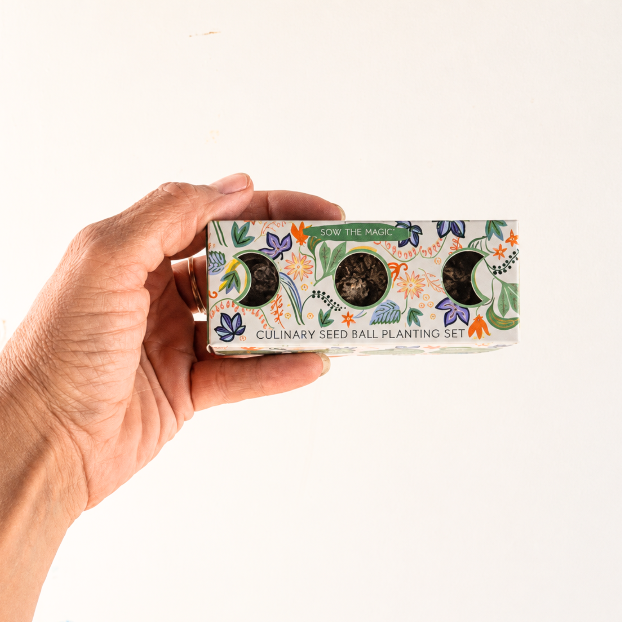 Hand holding a colorful culinary seed ball planting set against a clean white background