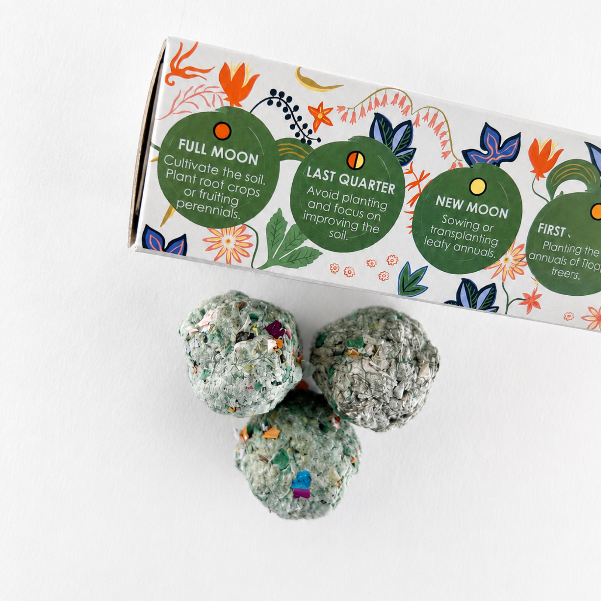 Culinary seed ball planting set with three seed balls and moon phase planting guide