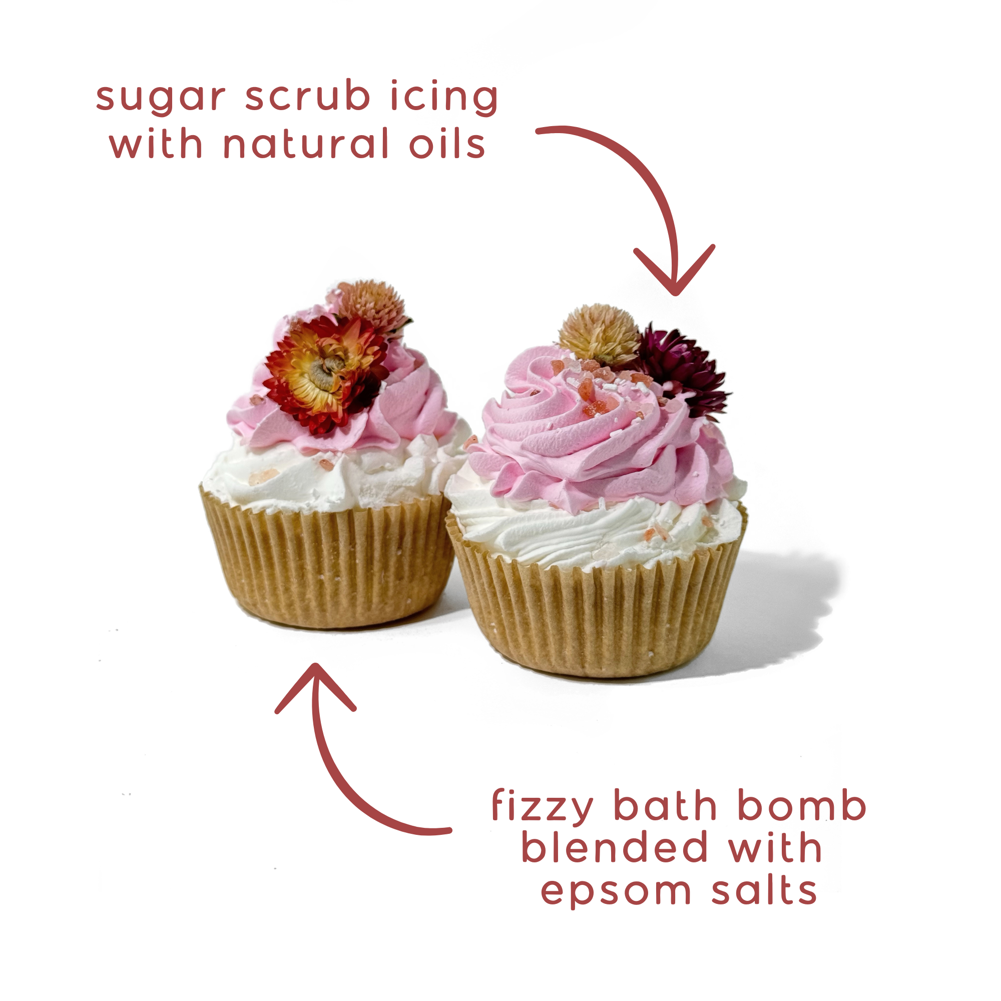 Peppermint Flowers Cupcake Bath Bomb labeled showing sugar scrub icing and fizzy Epsom salt base