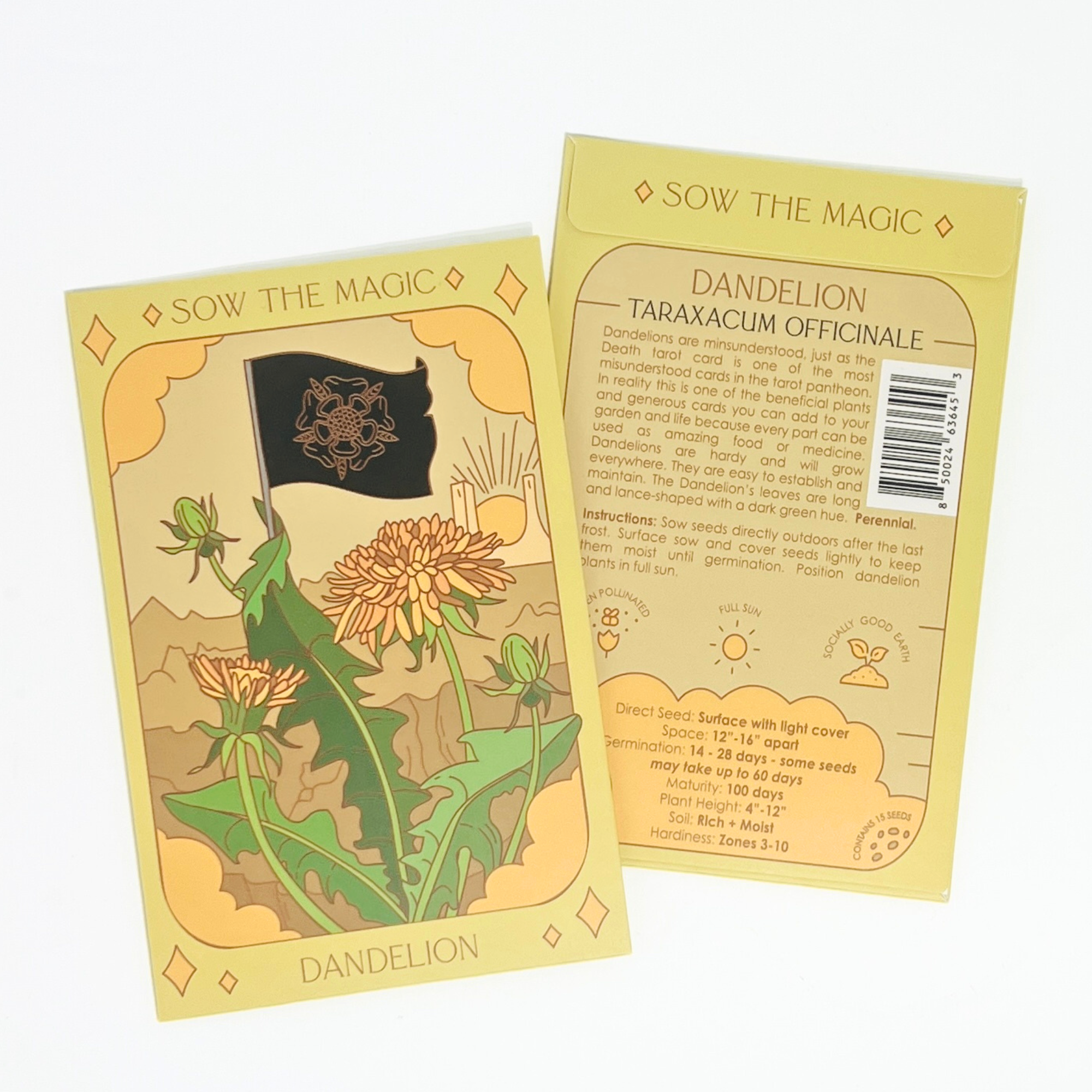 Sow the Magic dandelion seed packets showing front artwork and back growing instructions for heirloom, pollinator-friendly seeds.