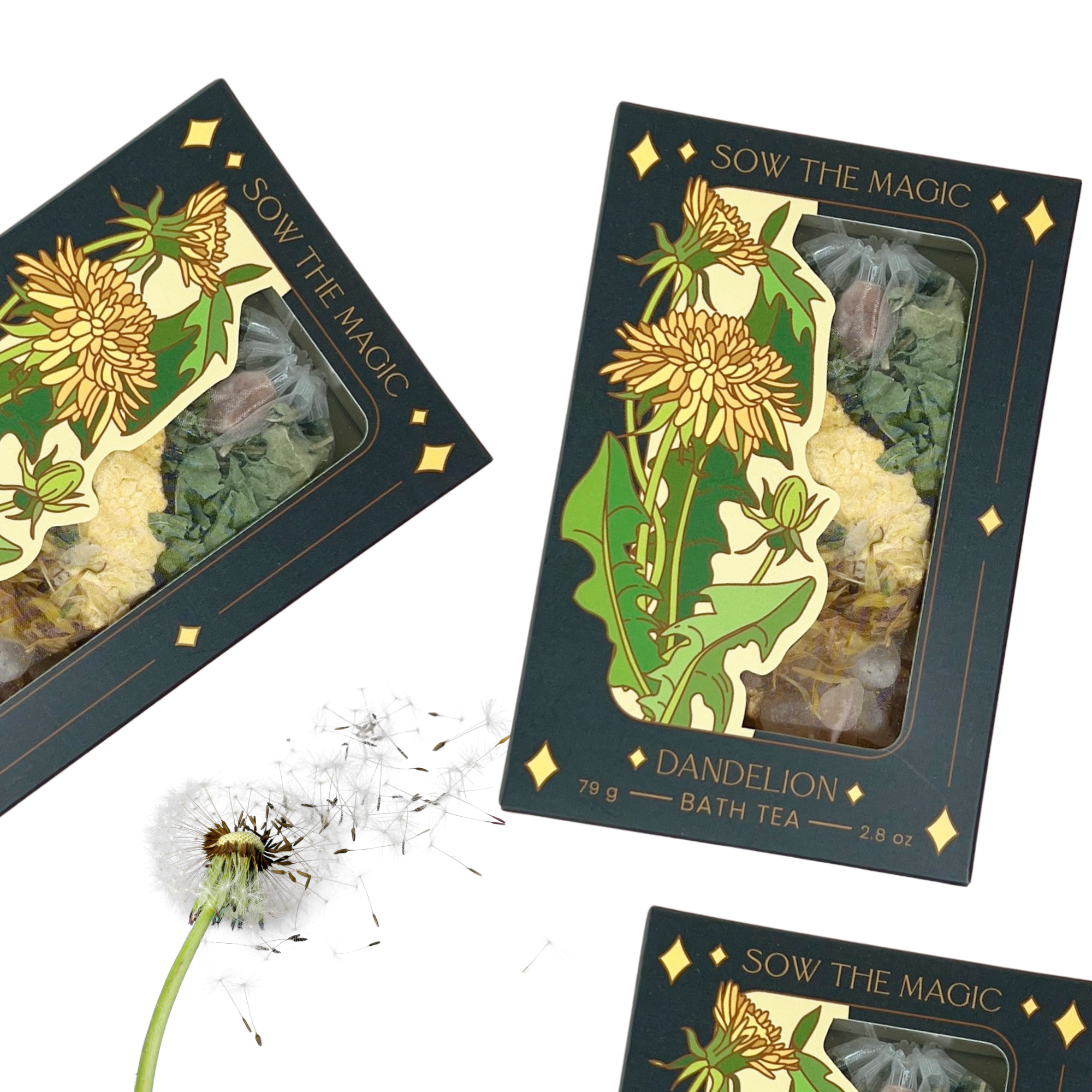 Dandelion Tarot Botanical Bath Tea Boxes styled with fresh dandelion flower and seeds, symbolizing rebirth and letting go.