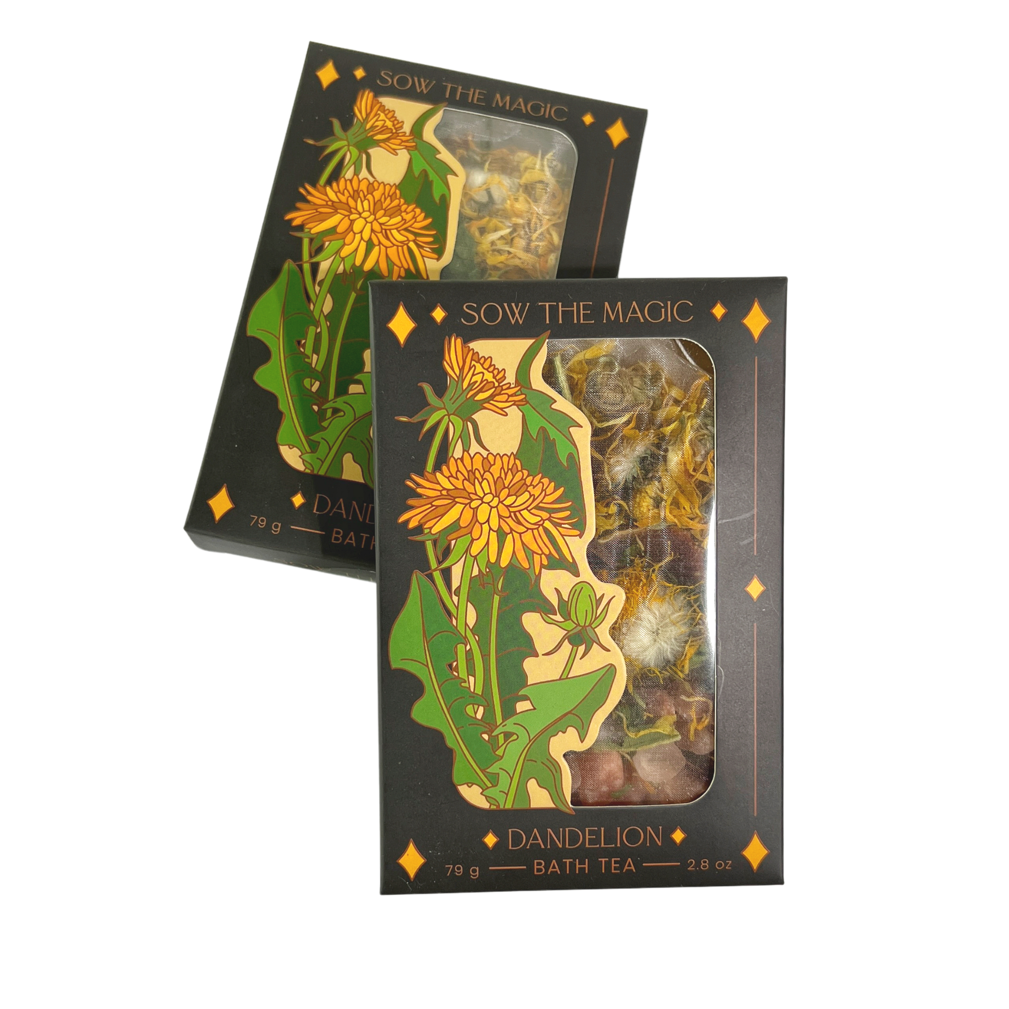 Pair of Dandelion Tarot Botanical Bath Tea Boxes by Sow the Magic, showcasing vibrant herbal mix through packaging window.