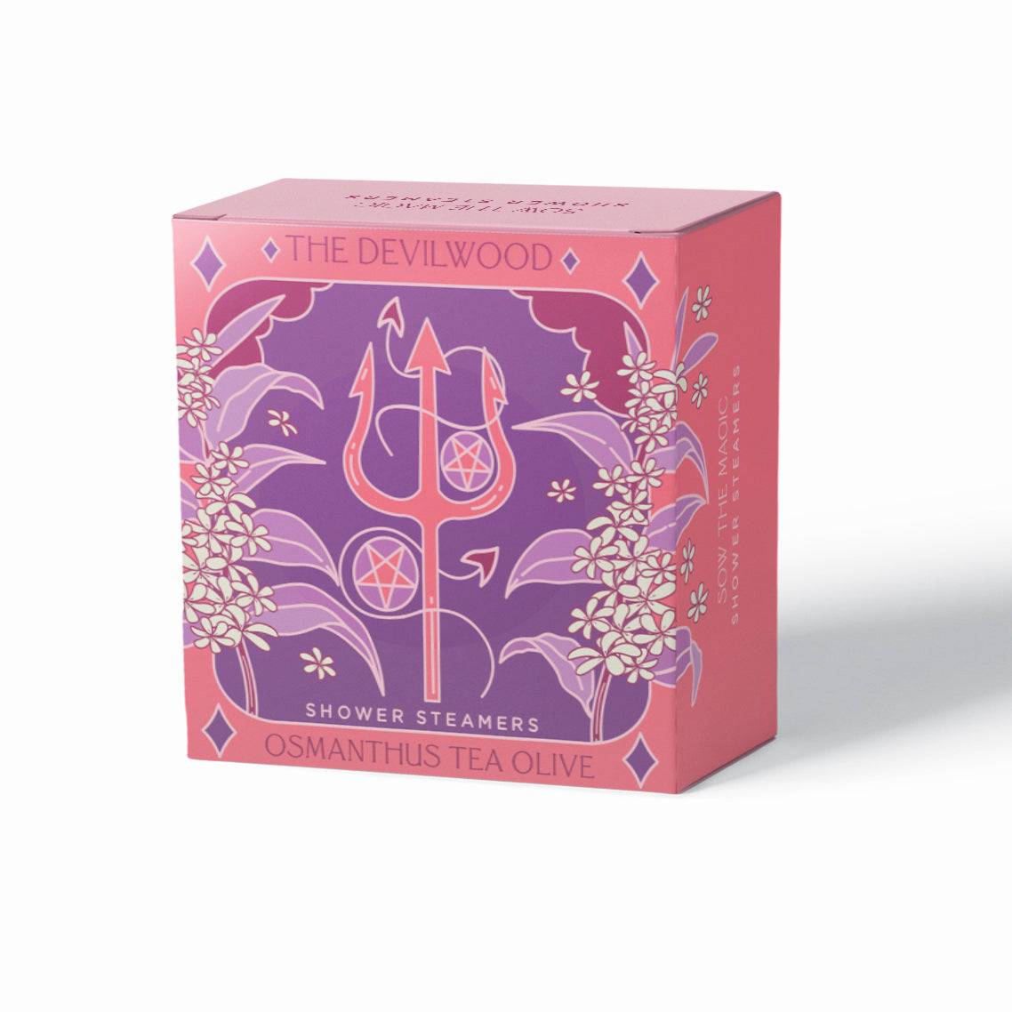 Devilwood Shower Steamer Osmanthus Tea Olive angled packaging with tarot-inspired artwork