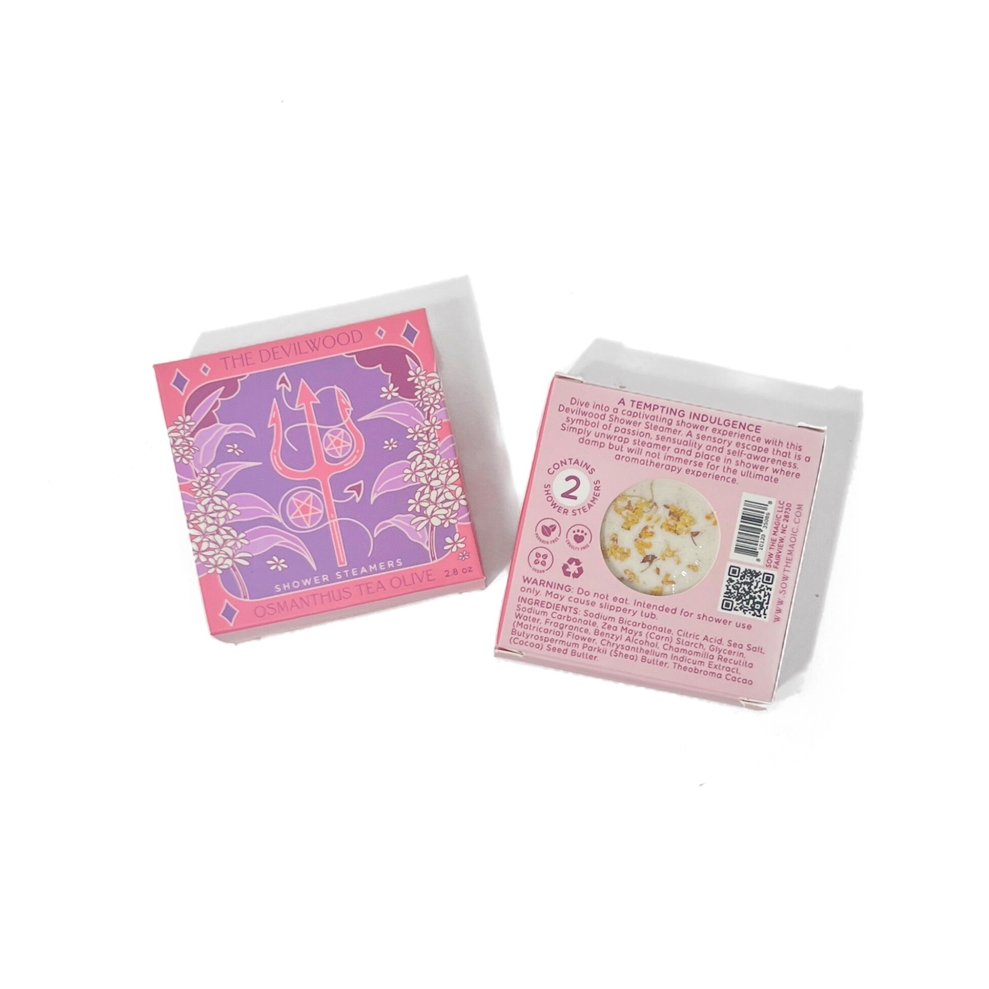Devilwood Shower Steamer Osmanthus Tea Olive with front and back packaging shown, 2.8 oz set