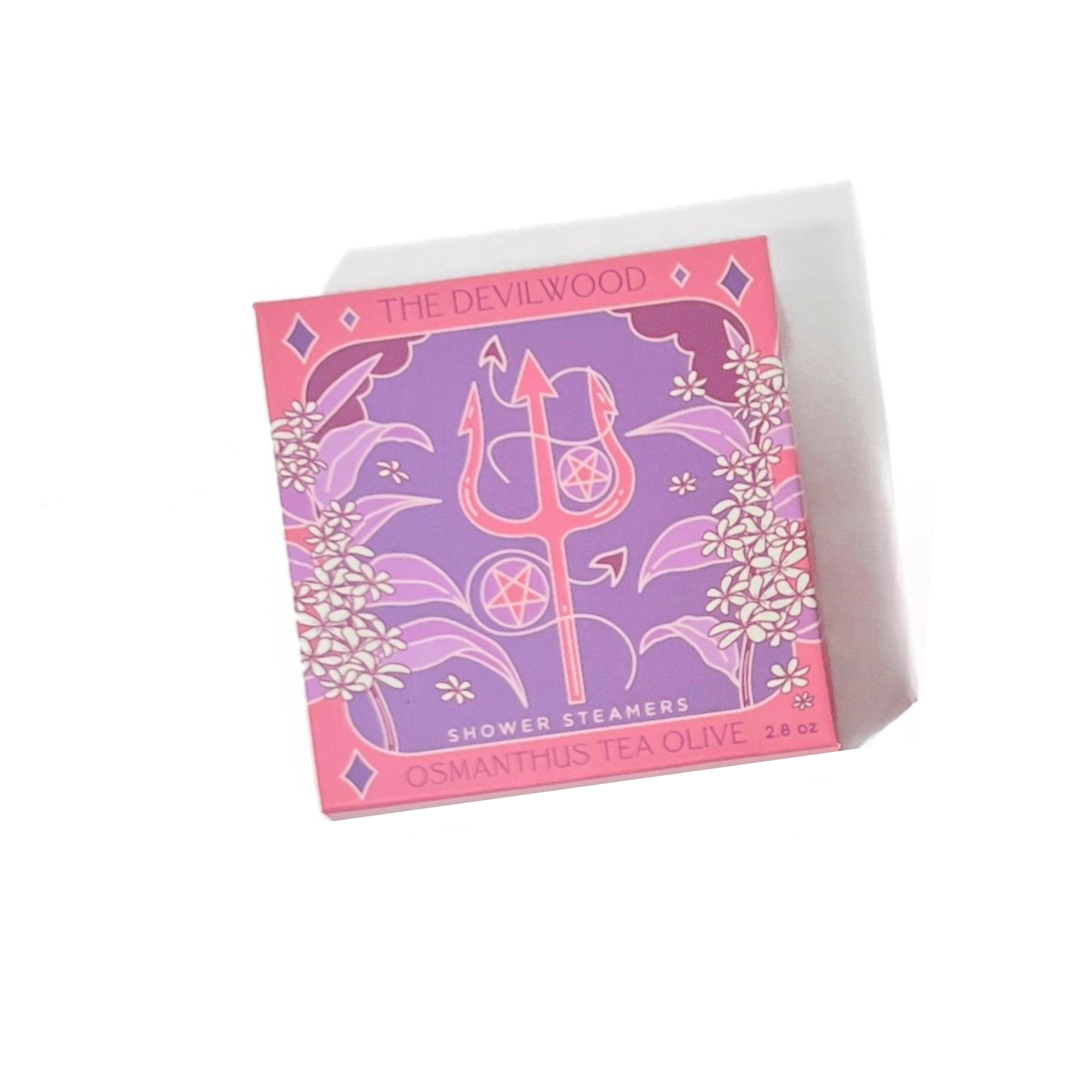Devilwood Shower Steamer Osmanthus Tea Olive tarot-inspired packaging in pink and purple design