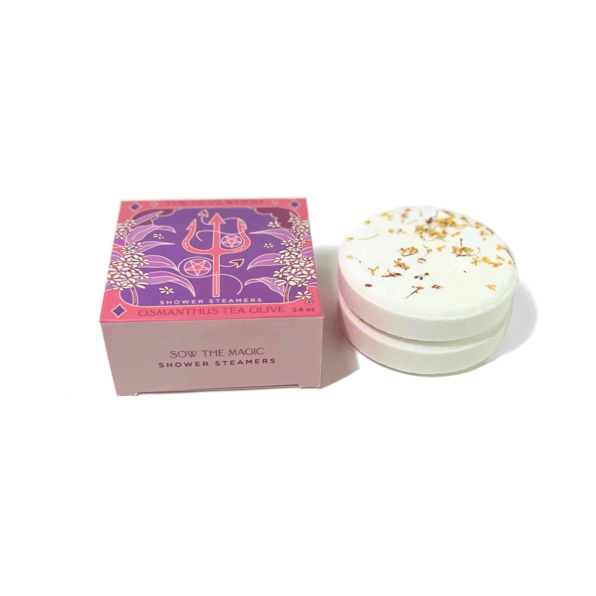 Devilwood Shower Steamer Osmanthus Tea Olive box with two shower tablets visible, 2.8 oz set