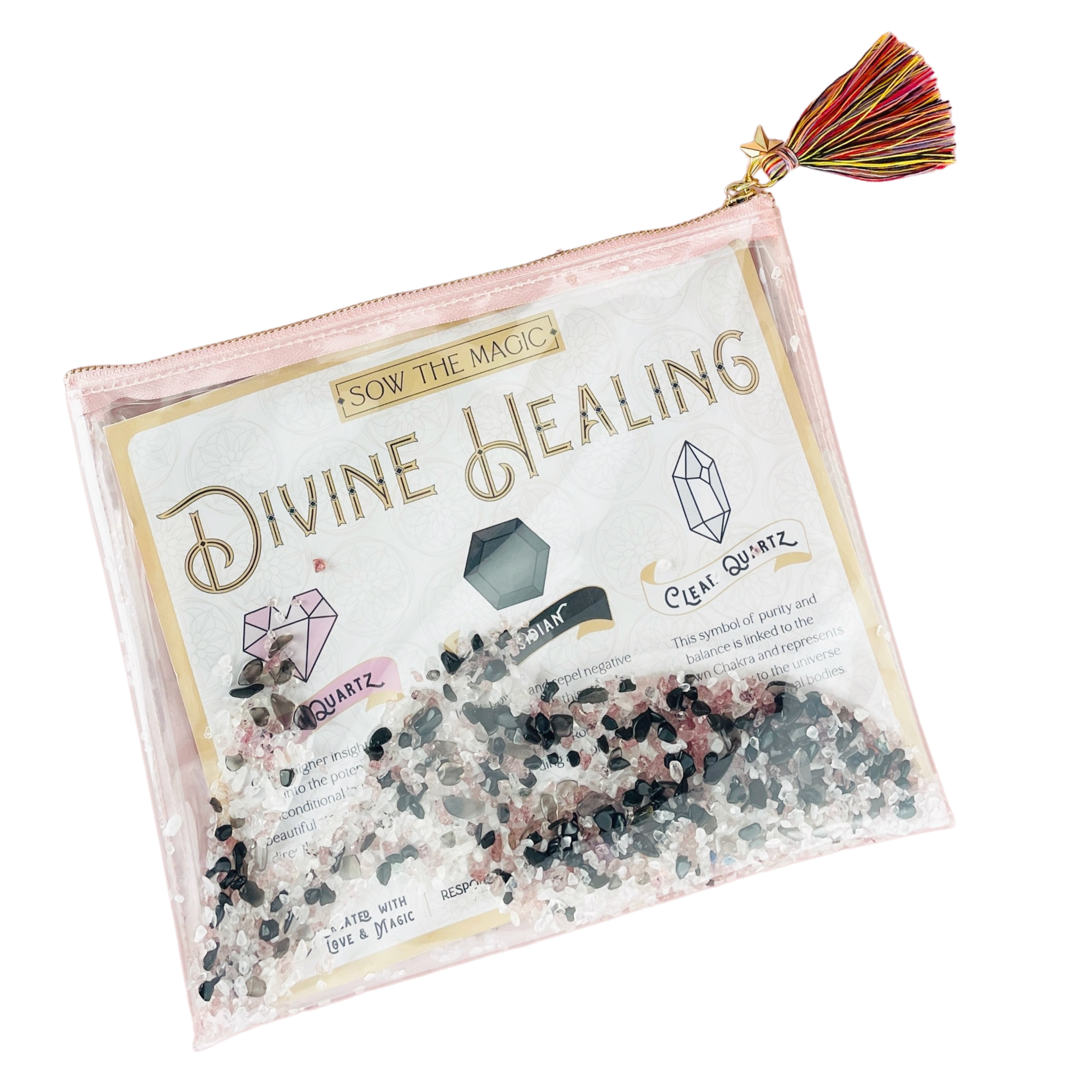 Front display of Divine Healing Gemstone Cosmetic Bag with tassel and mixed healing stones